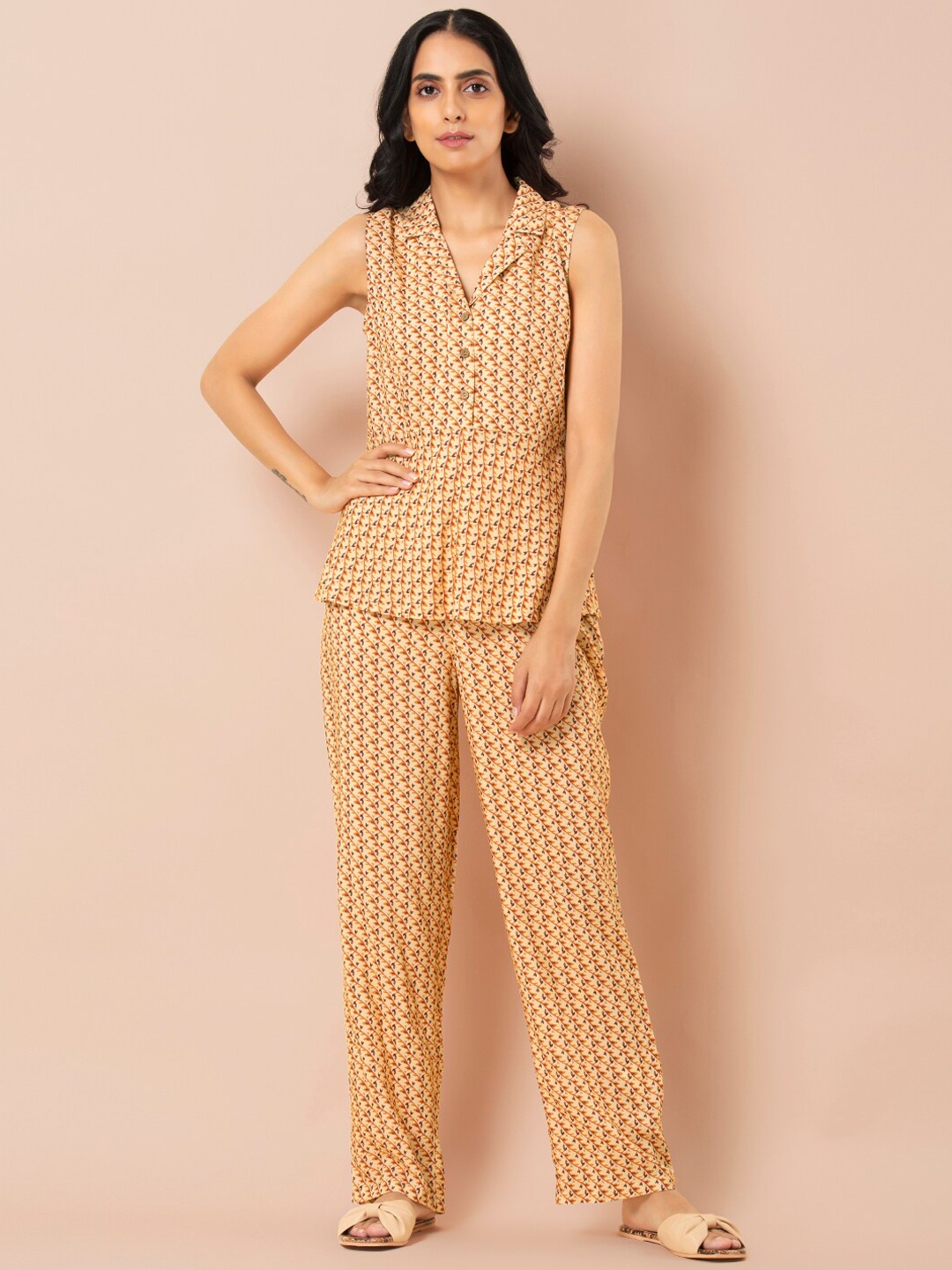 

INDYA Women Yellow Printed Top with Pyjamas