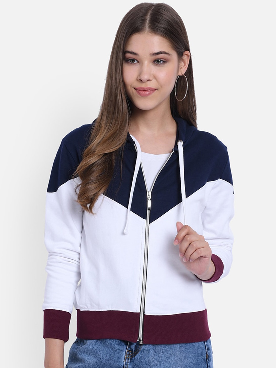 

The Dry State Women White & Navy Blue Colourblocked Detachable Hood Sweatshirt