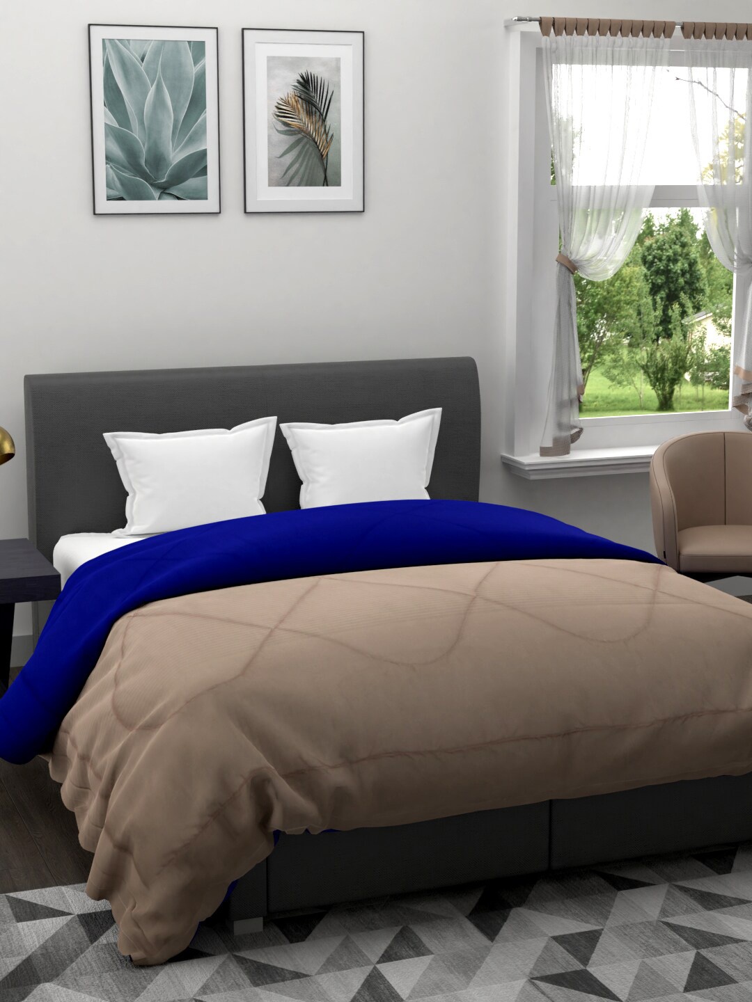 

Clasiko Taupe & Blue Solid AC Room 120 GSM Reversible Double Bed Quilt