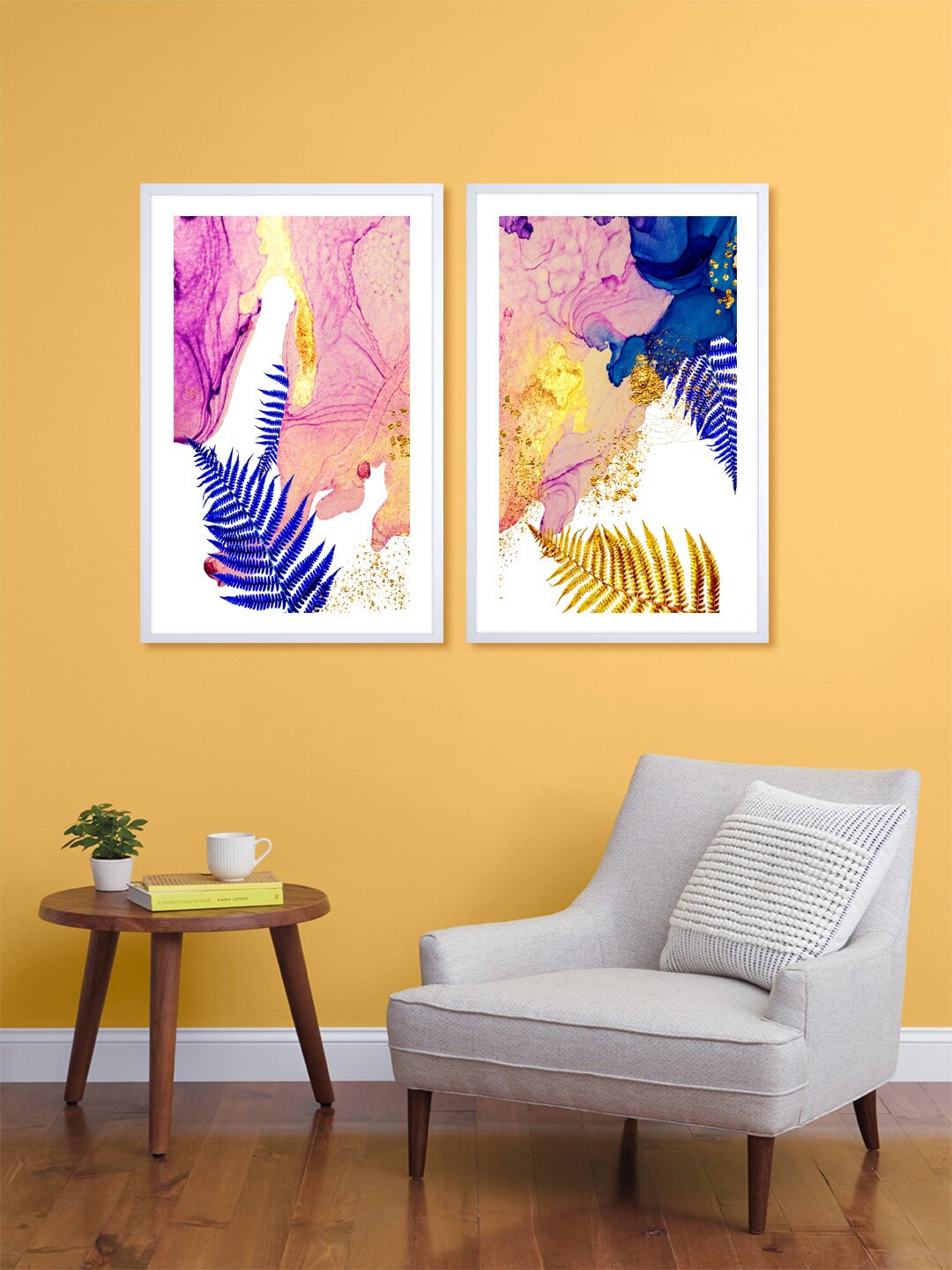 

999Store Set Of 2 Pink & Blue Abstract Tree Leaves Printed Wall Art