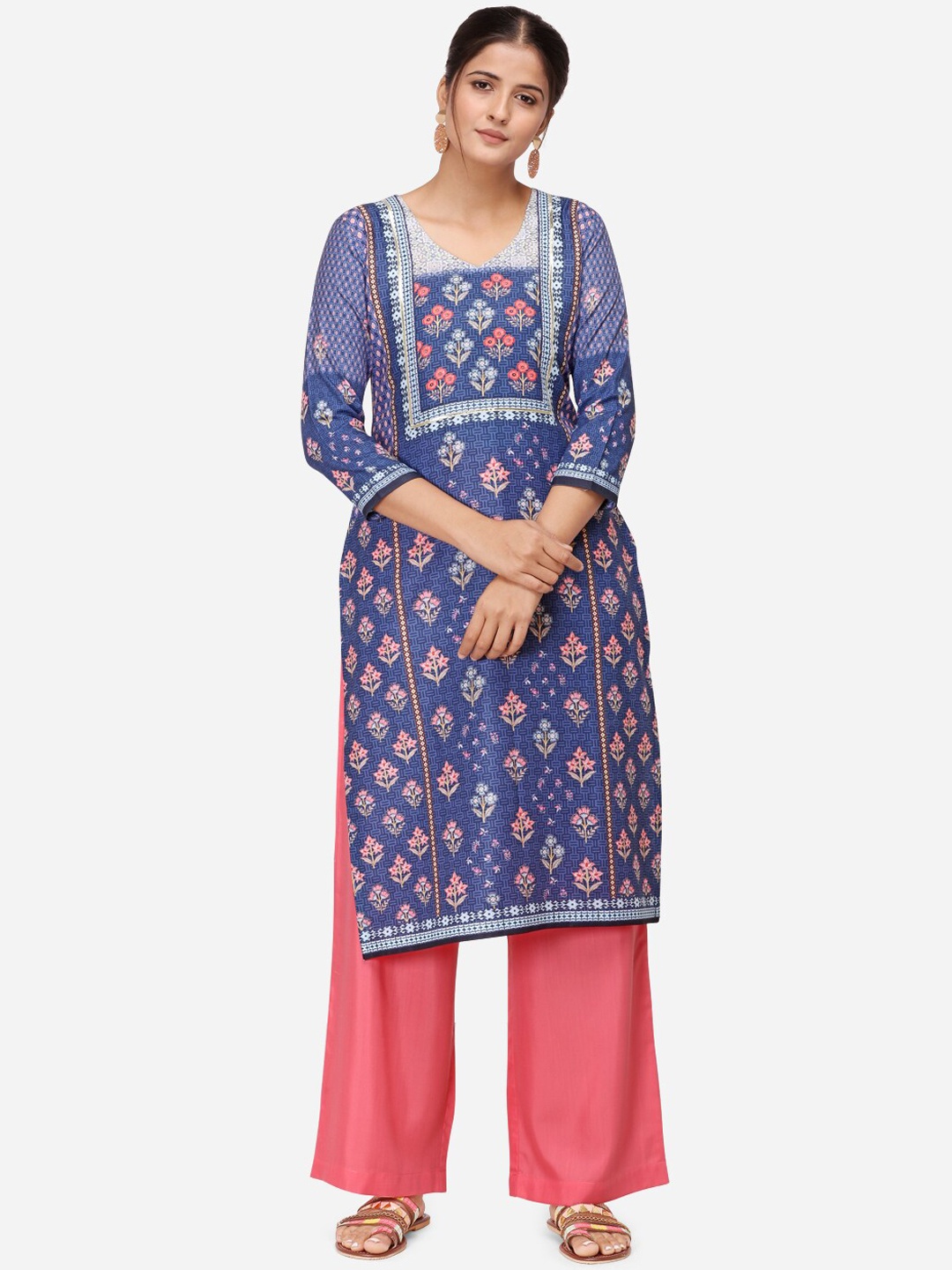 

Kvsfab Women Navy Blue & Pink Printed Kurta with Palazzos