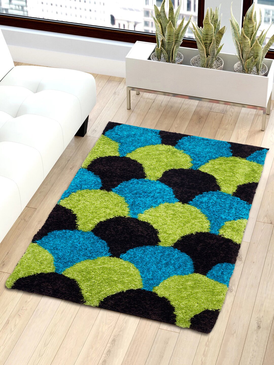 Story@home Blue & Green Geometric Shaggy Anti-Skid Fur Carpet