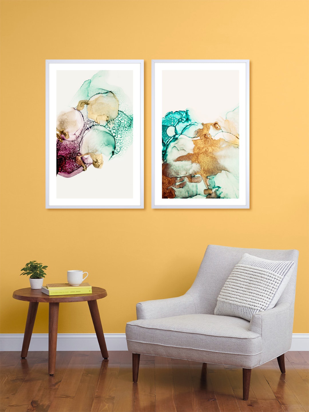 

999Store Set Of 2 Off-White & Gold-Toned Abstract Printed Wall Art