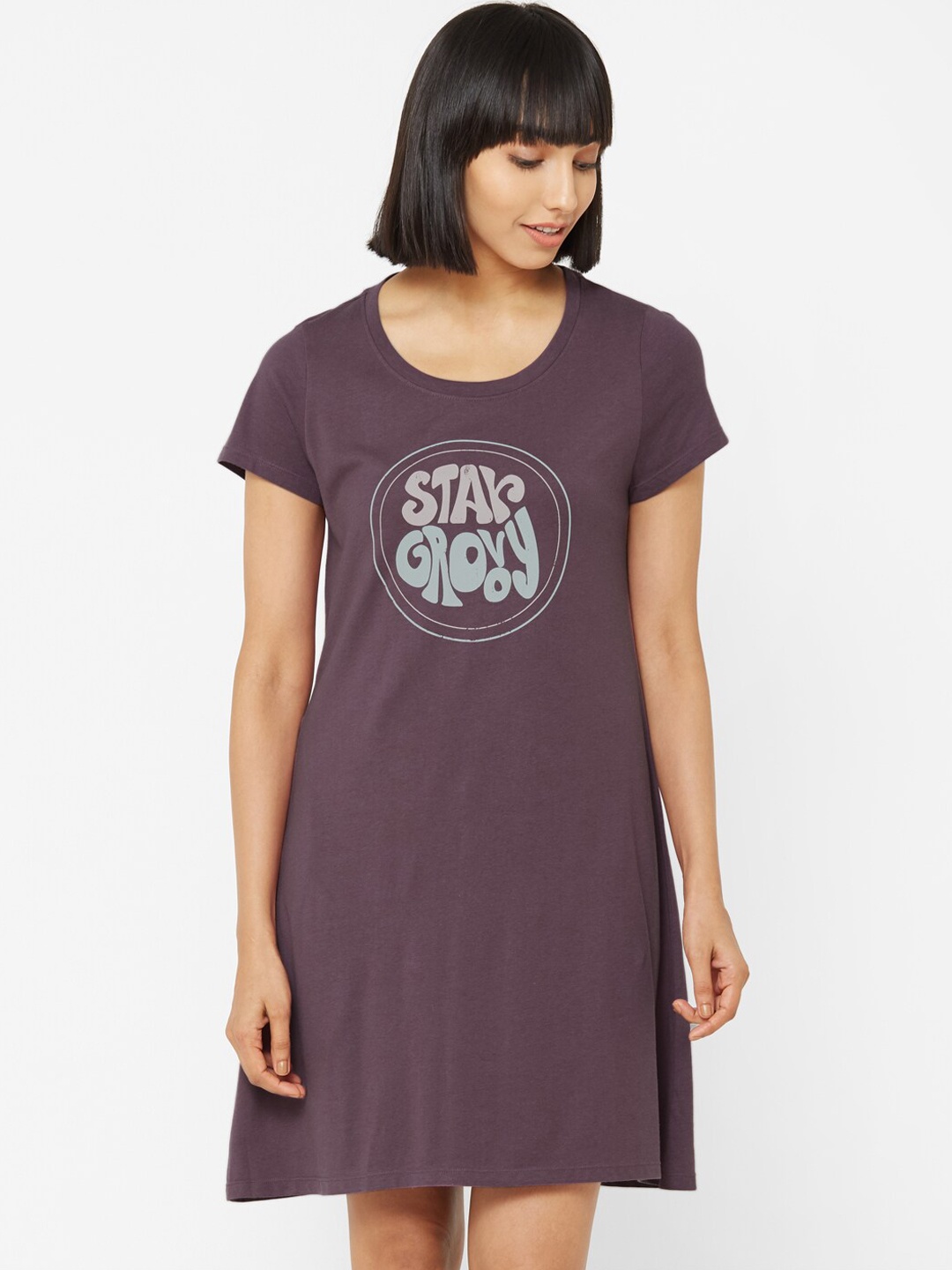 

Soie Women Purple Printed Knee Length Nightdress