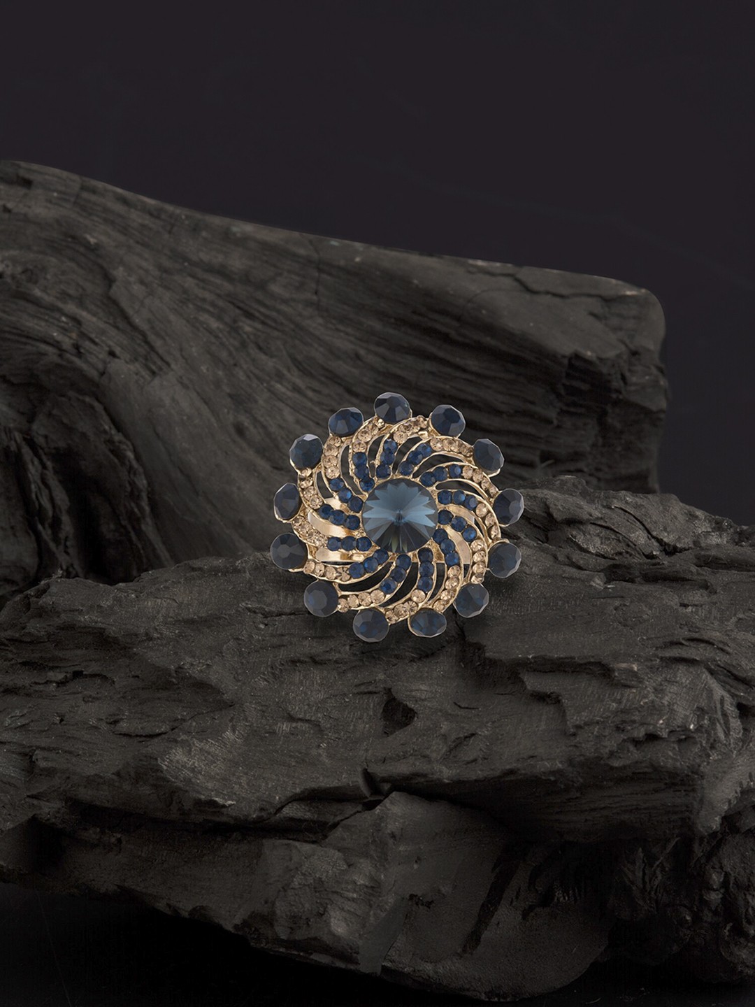 

E2O Gold-Plated Blue & Beige Stone-Studded Cocktail Adjustable Finger Ring