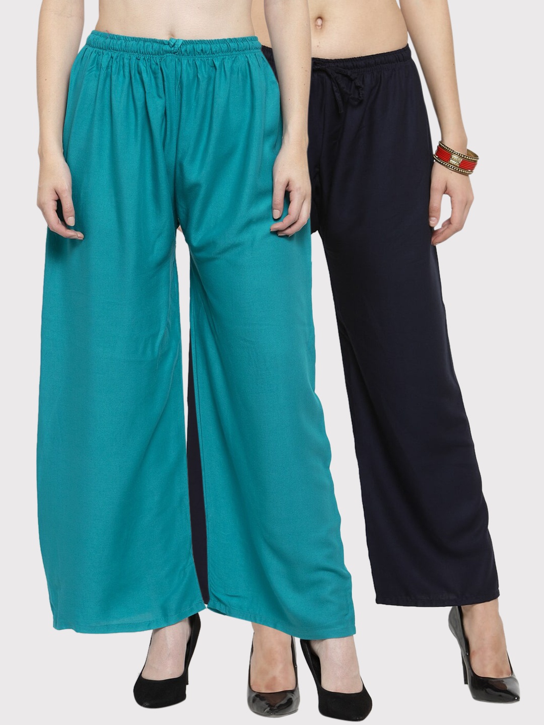 Clora Creation Women Pack Of 2 Turquoise Blue & Black Solid Straight Palazzos