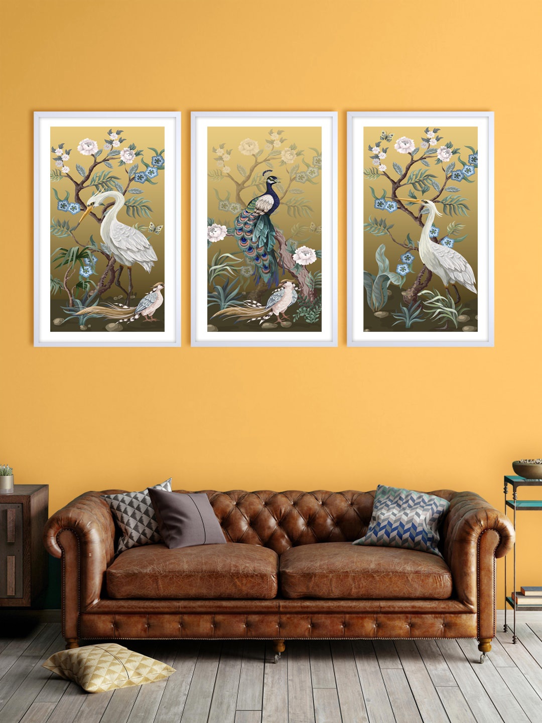 

999Store Set Of 3 White & Brown Peacock With Heron Bird Printed Wall Art