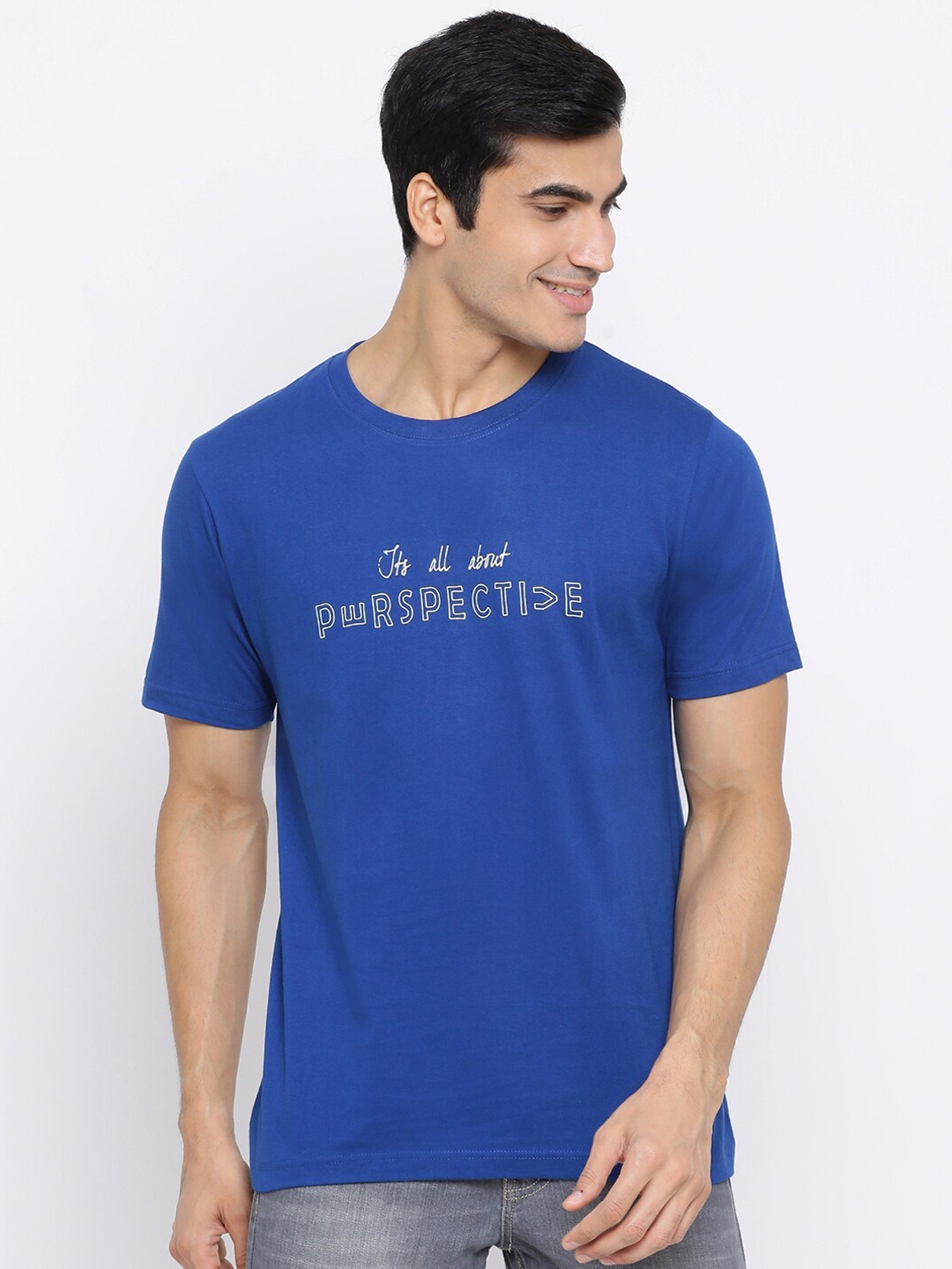 

YOLOCLAN Men Blue Printed Round Neck Pure Cotton T-shirt
