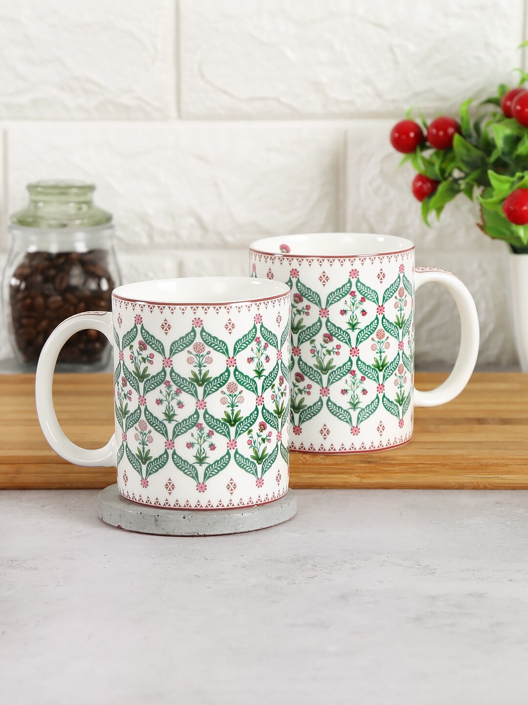 

India Circus by Krsnaa Mehta Set Of 2 White & Green Printed Blooming Dahlia Coffee Mugs