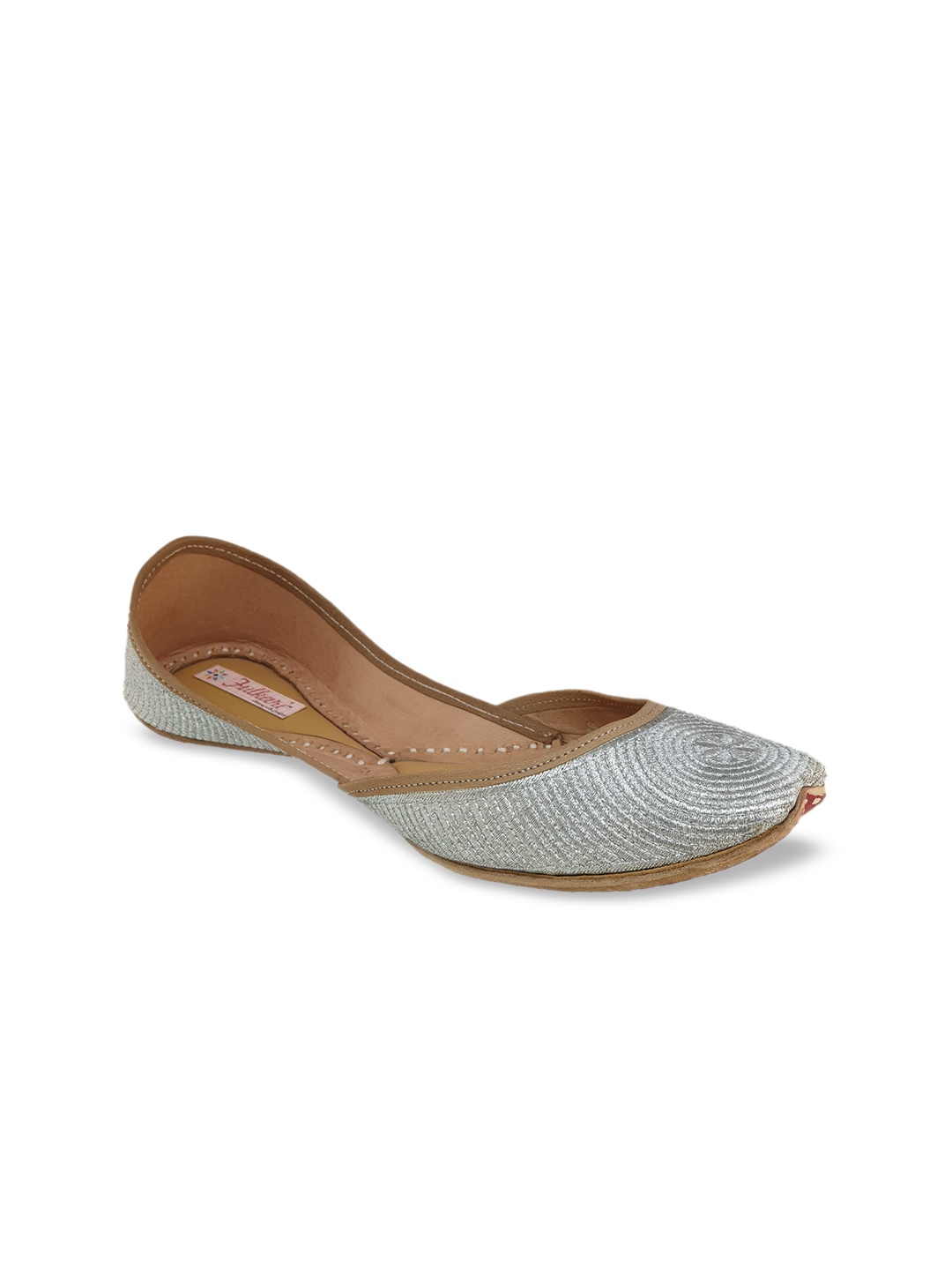 Fulkari Women Silver-Toned Woven Design Leather Mojaris
