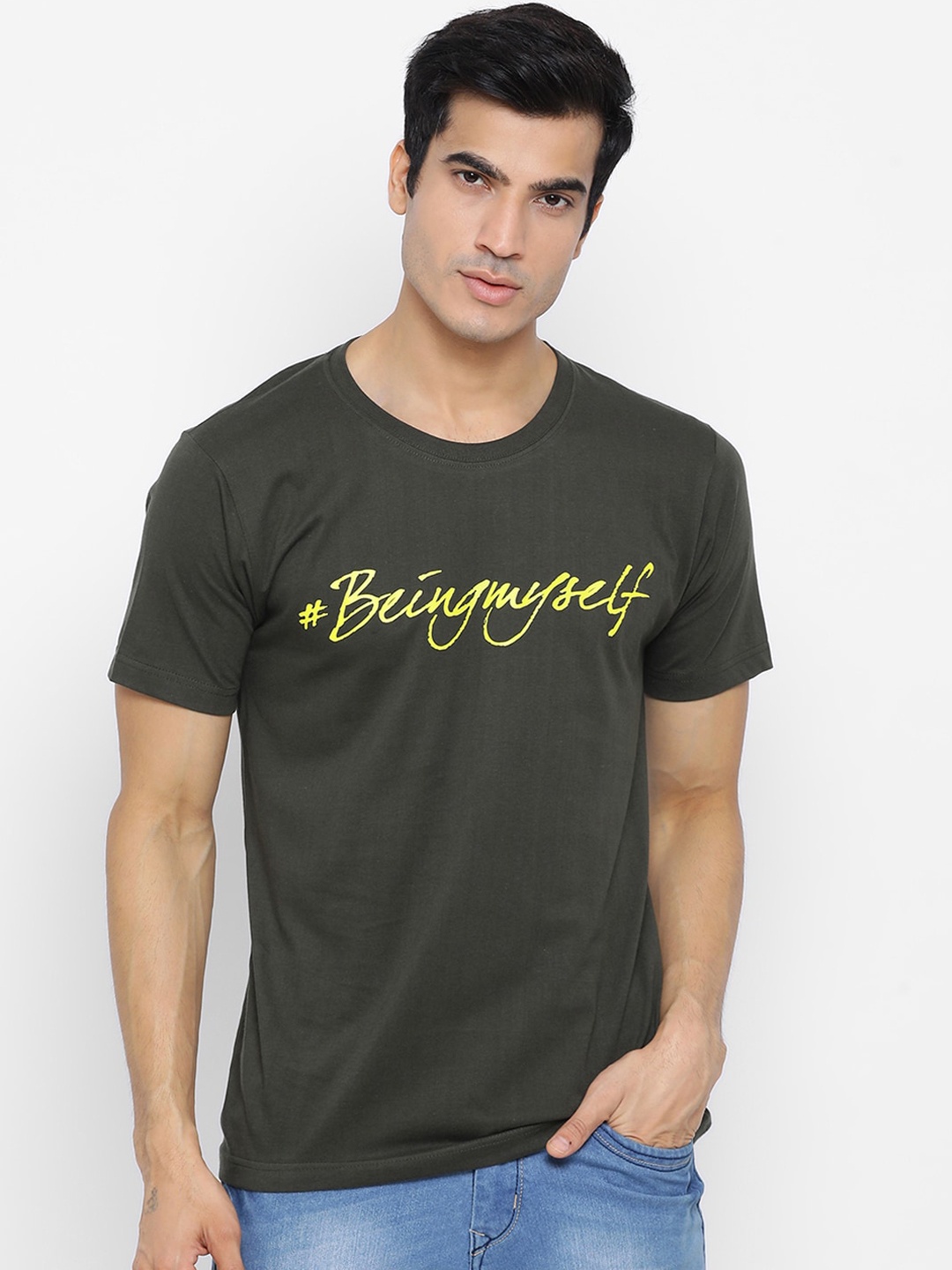 

YOLOCLAN Men Olive Green Printed Round Neck Pure Cotton T-shirt