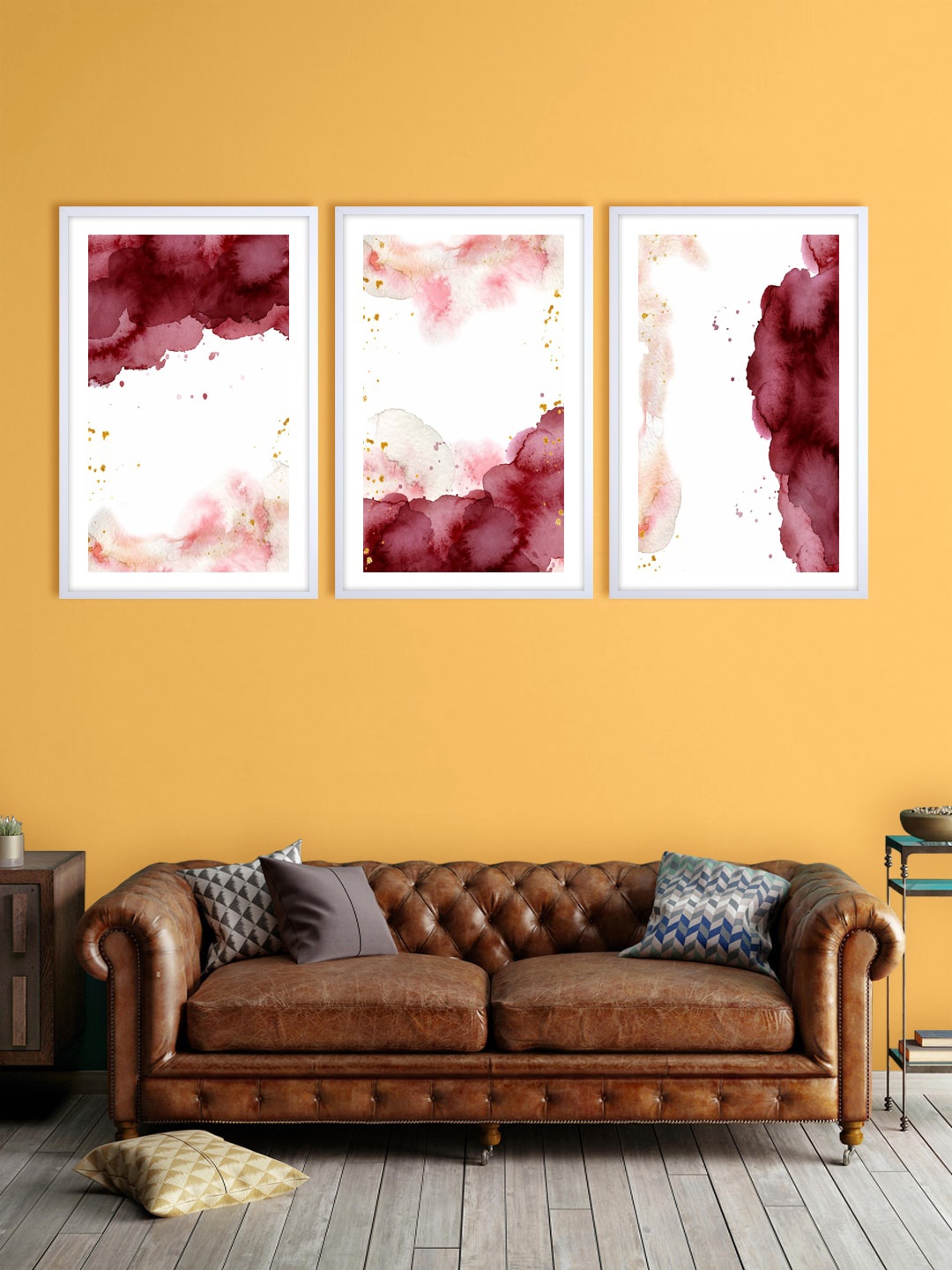

999Store Set Of 3 White & Maroon Abstract Watercolour Printed Wall Art
