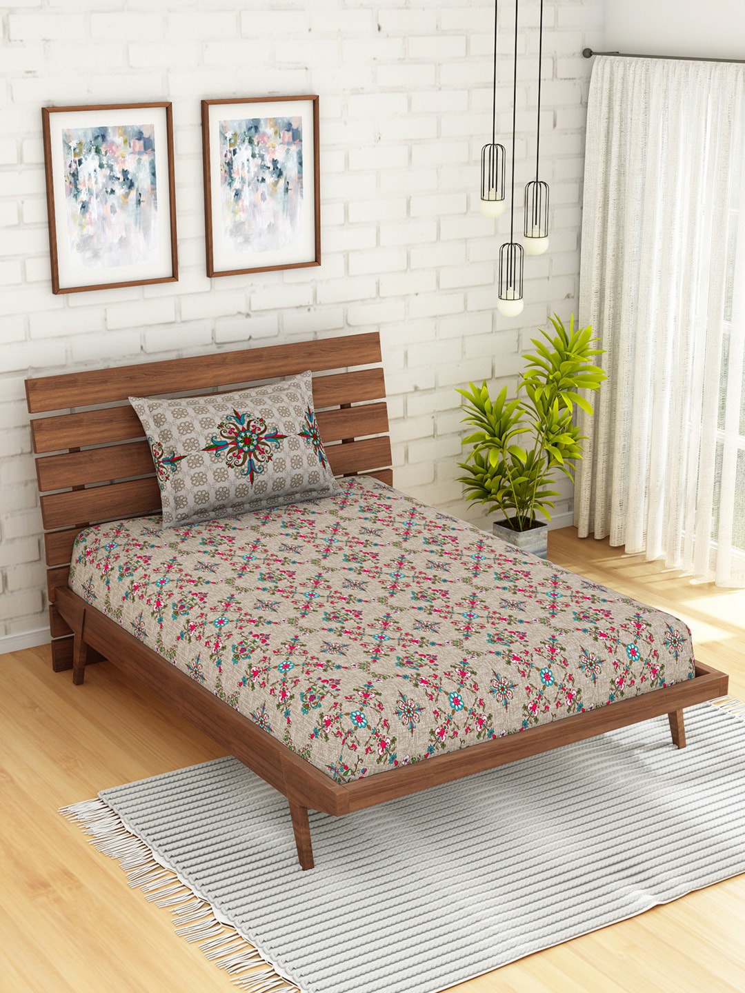 

SPACES Taupe & Pink Floral 210 TC Cotton 1 Single Bedsheet with 1 Pillow Covers