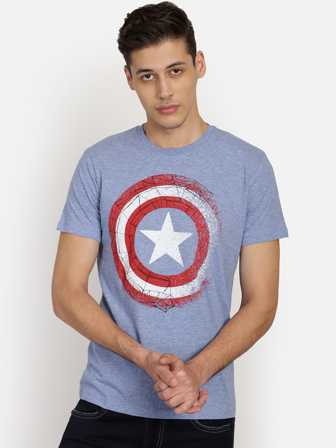 Free Authority Men Blue Captain America Printed Round Neck T-shirt