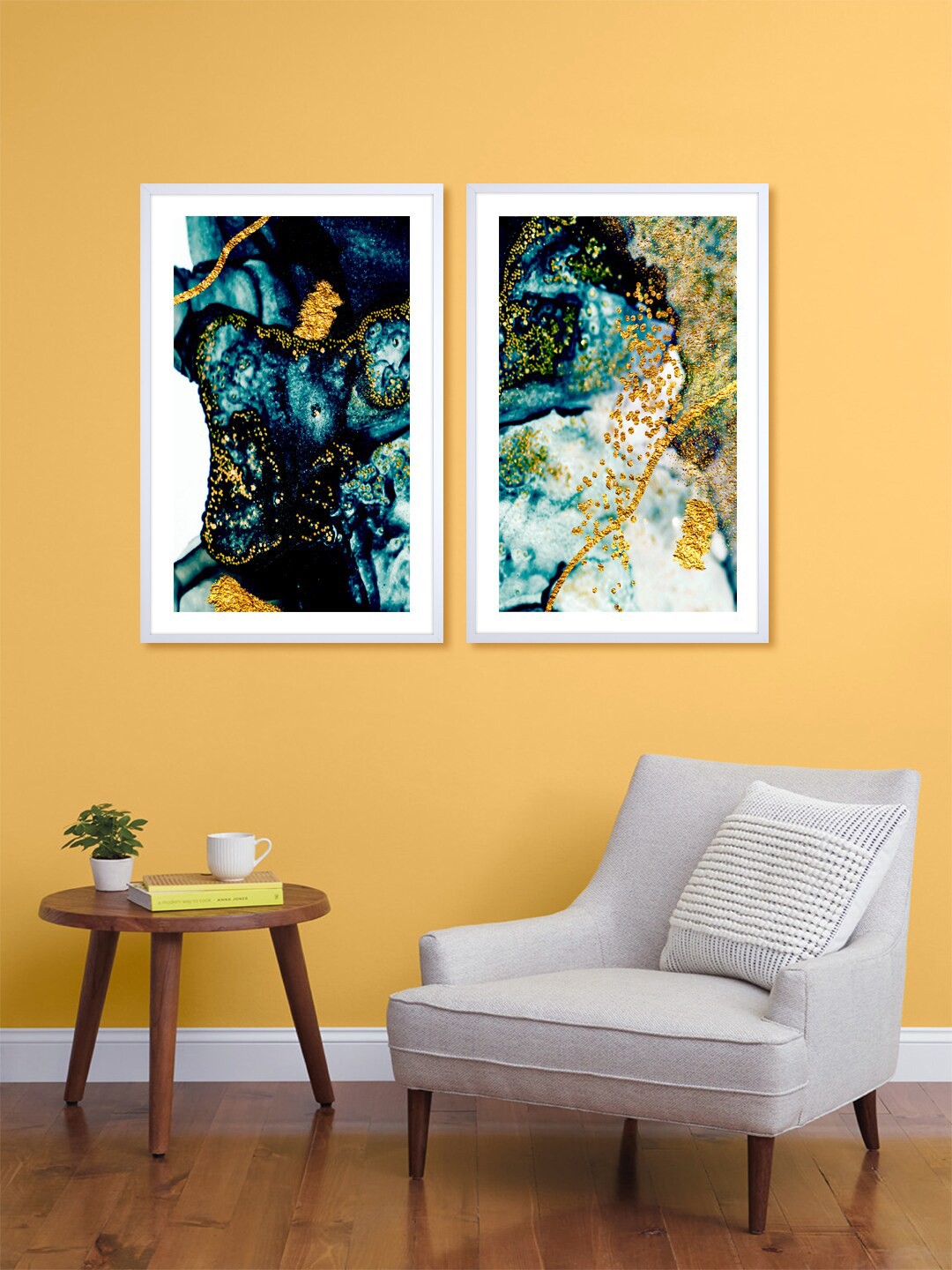

999Store Set Of 2 Blue & Gold-Toned Abstract Printed Wall Art