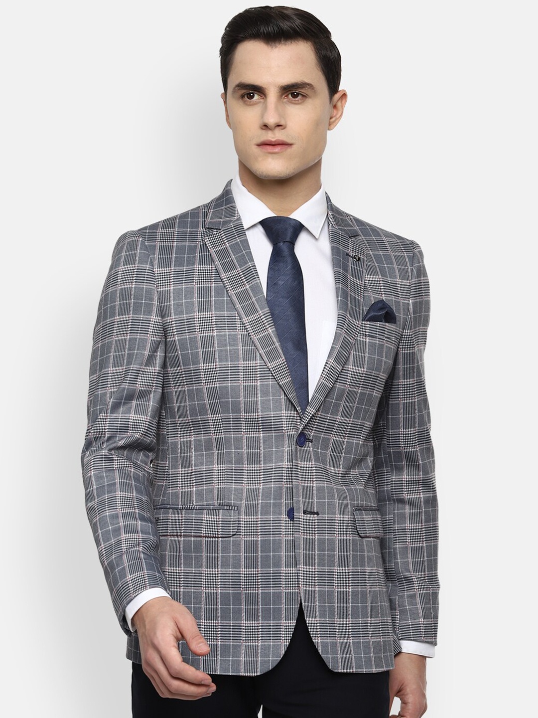 

Van Heusen Men Grey Checked Slim-Fit Single-Breasted Formal Blazer