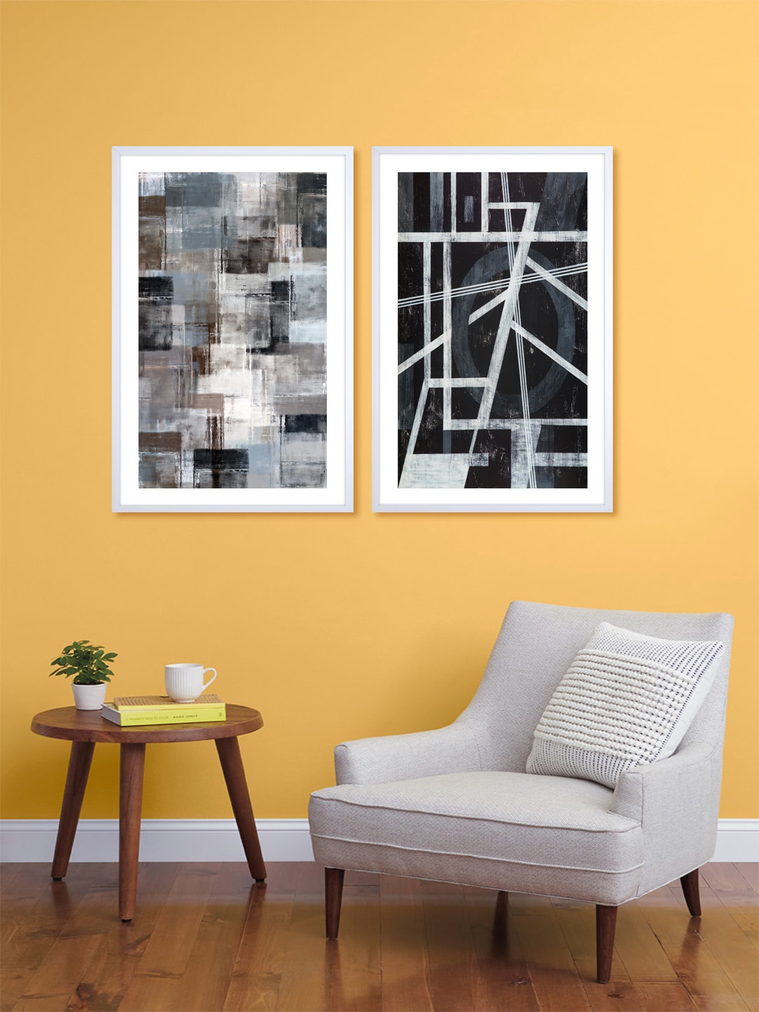 999Store Set Of 2 Black & Grey Abstract Printed Wall Art