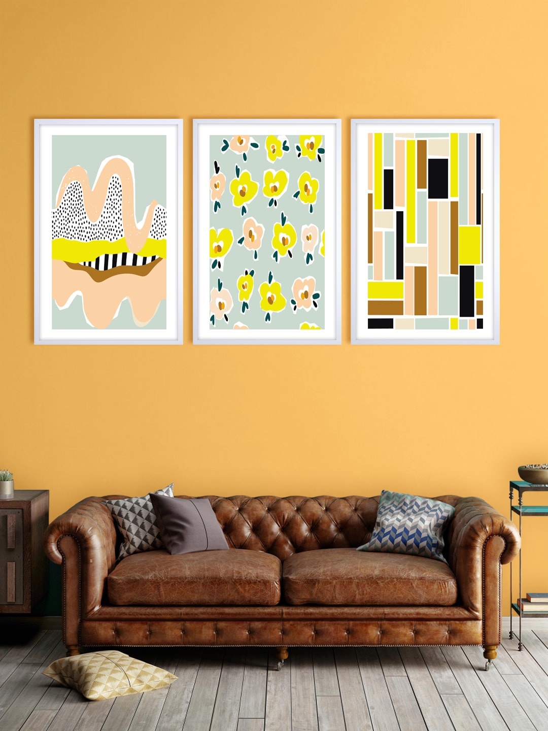 

999Store Set Of 3 Grey & Yellow Abstract Printed Wall Art