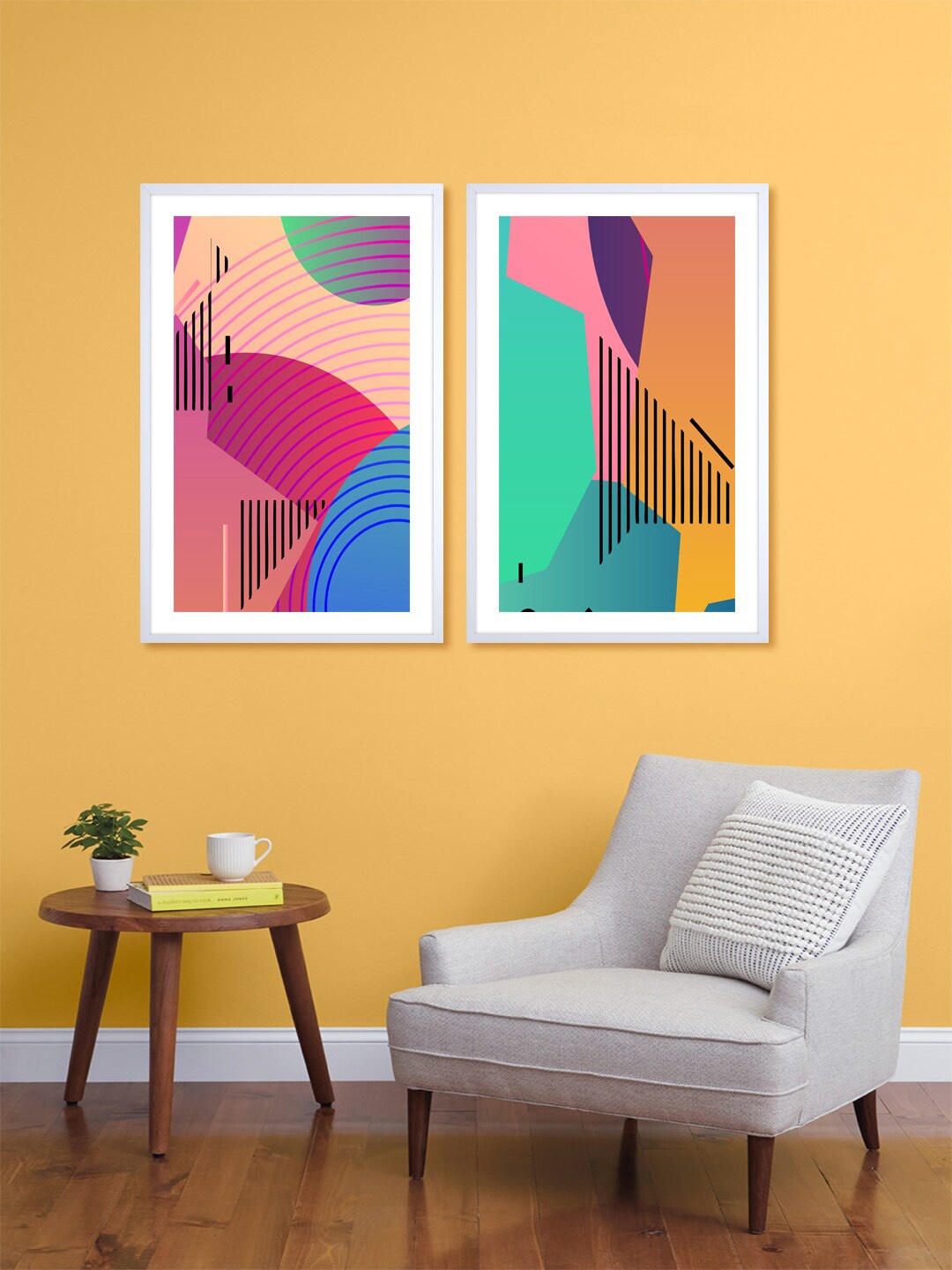 

999Store Set Of 2 Pink & Green Printed Abstract Wall Arts