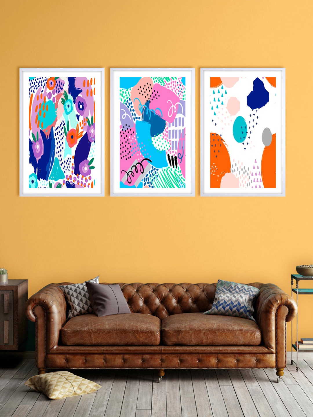 

999Store Set Of 3 Blue & Pink Shapes Printed Wall Art