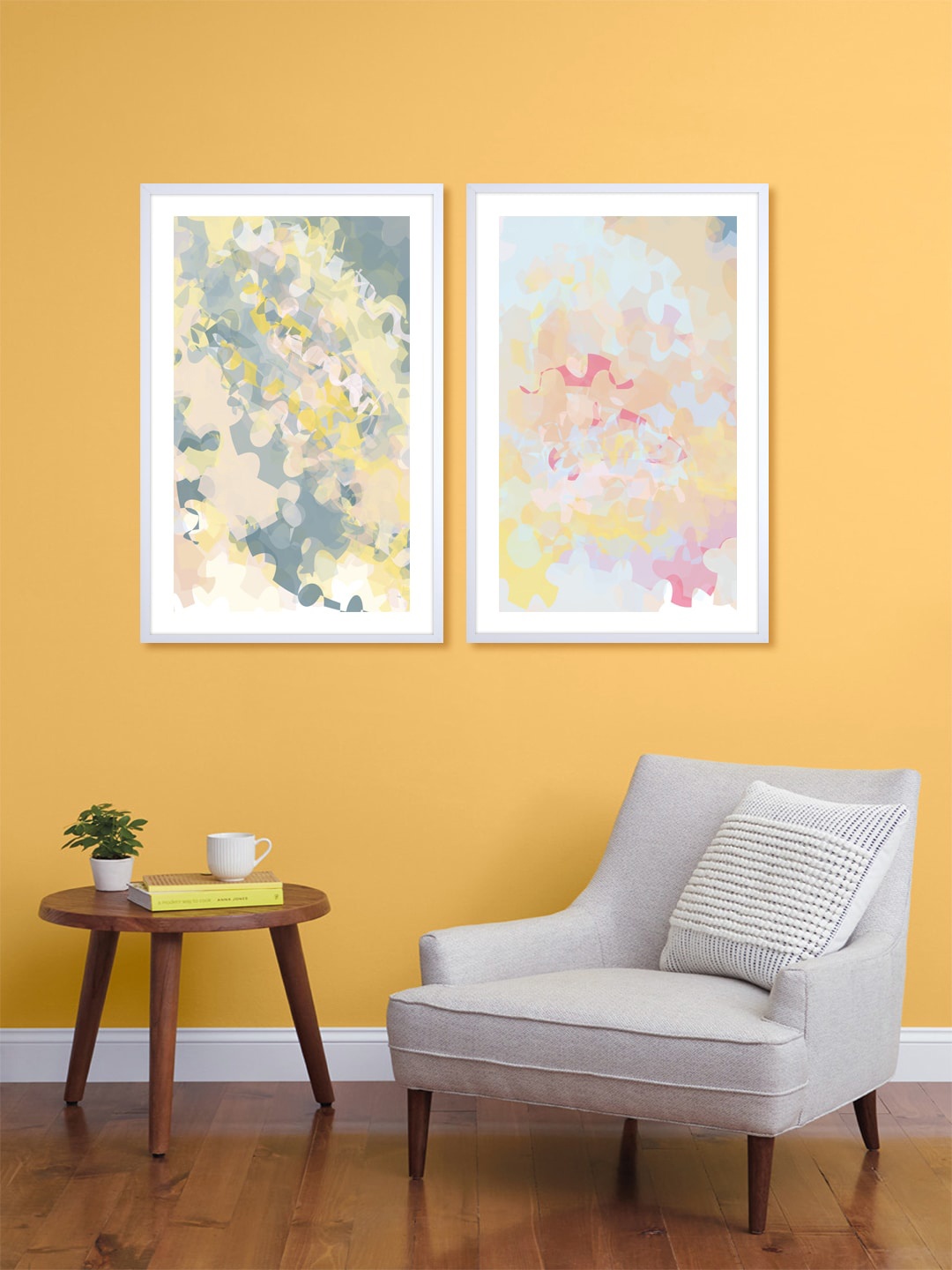 999Store Set Of 2 Beige & Grey Abstract Water Colour Wall Art
