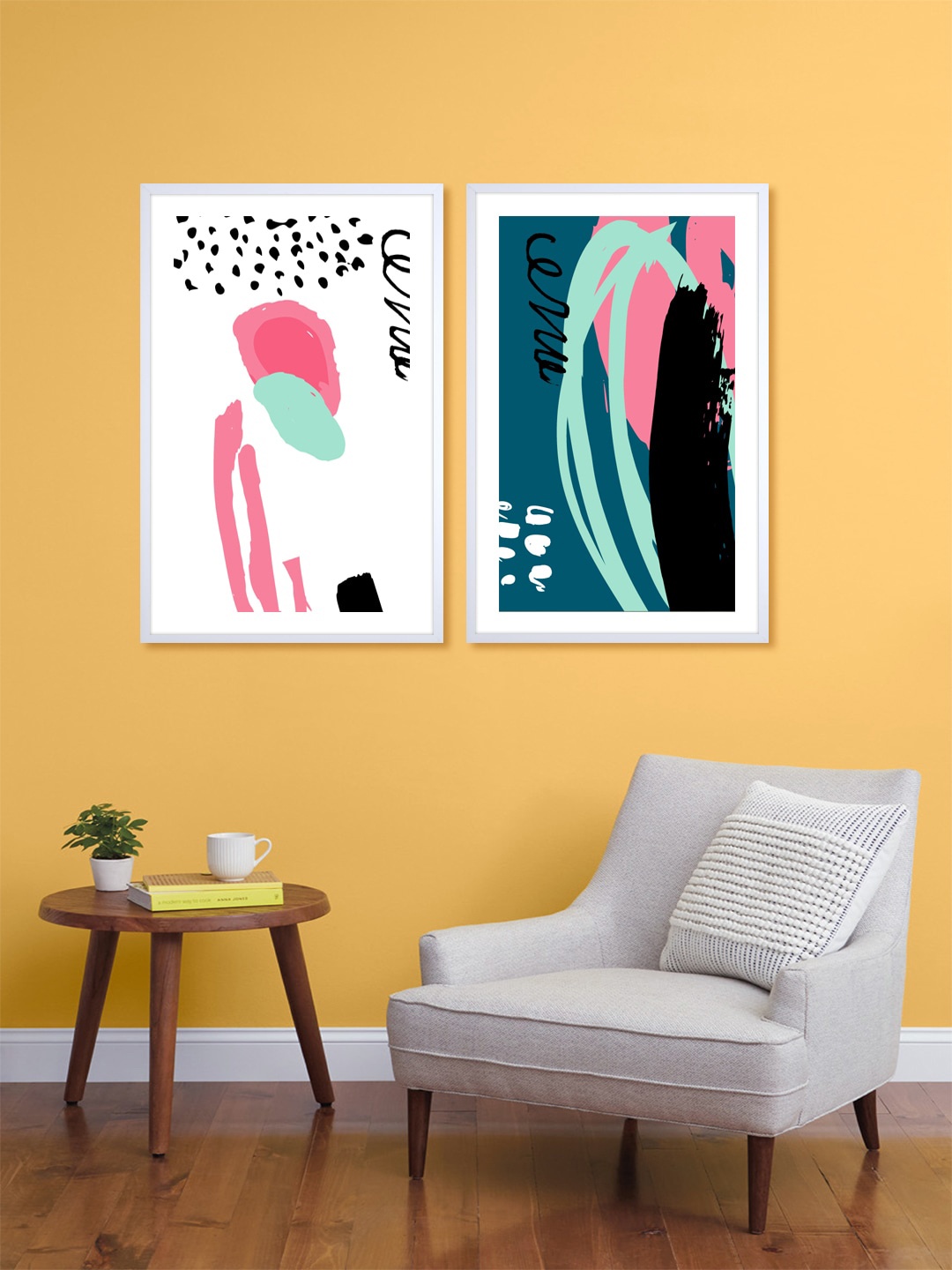 

999Store Set Of 2 Teal Blue & White Seamless Patterns Printed Wall Art