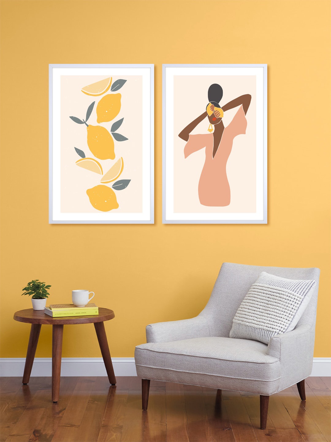 

999Store Set Of 2 Pink & Yellow Lady Printed Wall Art