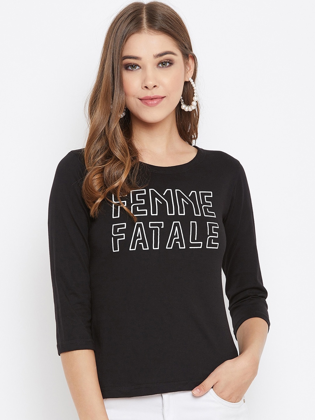 PURYS Women Black Printed Round Neck T-shirt