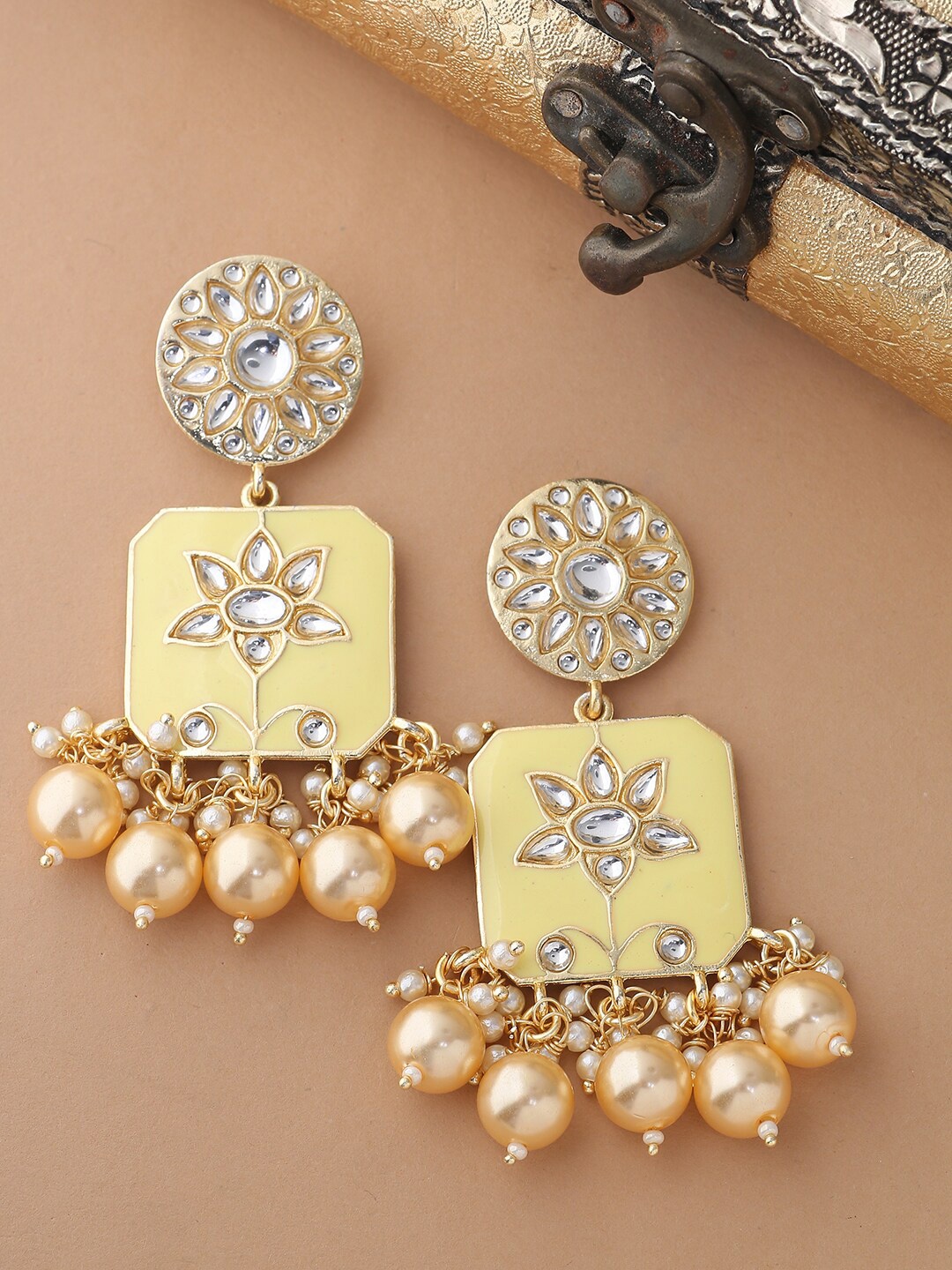 

Shoshaa Gold-Plated & Yellow Kundan Studded Geometric Drop Earrings