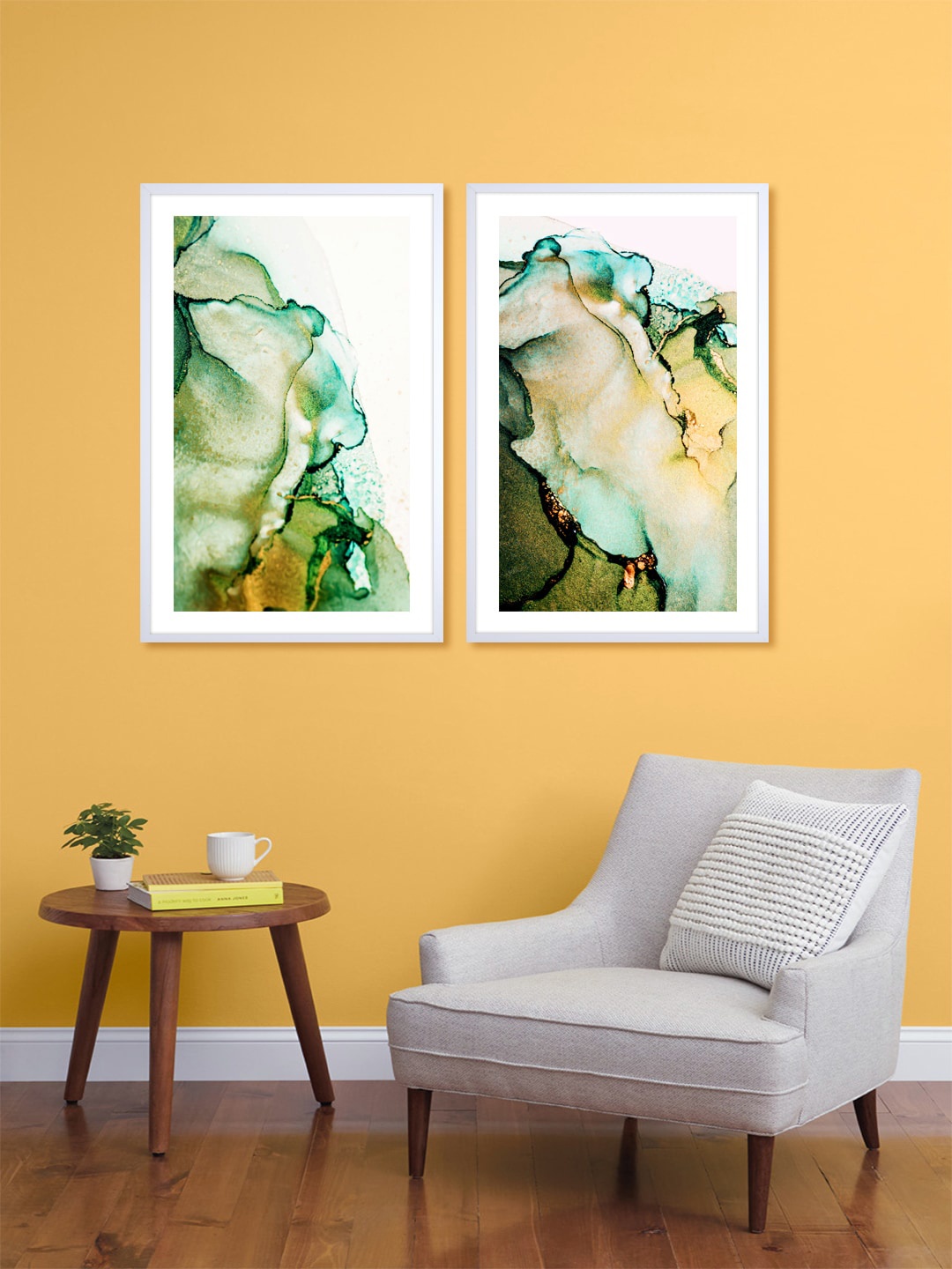 

999Store Set Of 2 Green & Off-White Abstract Printed Wall Art