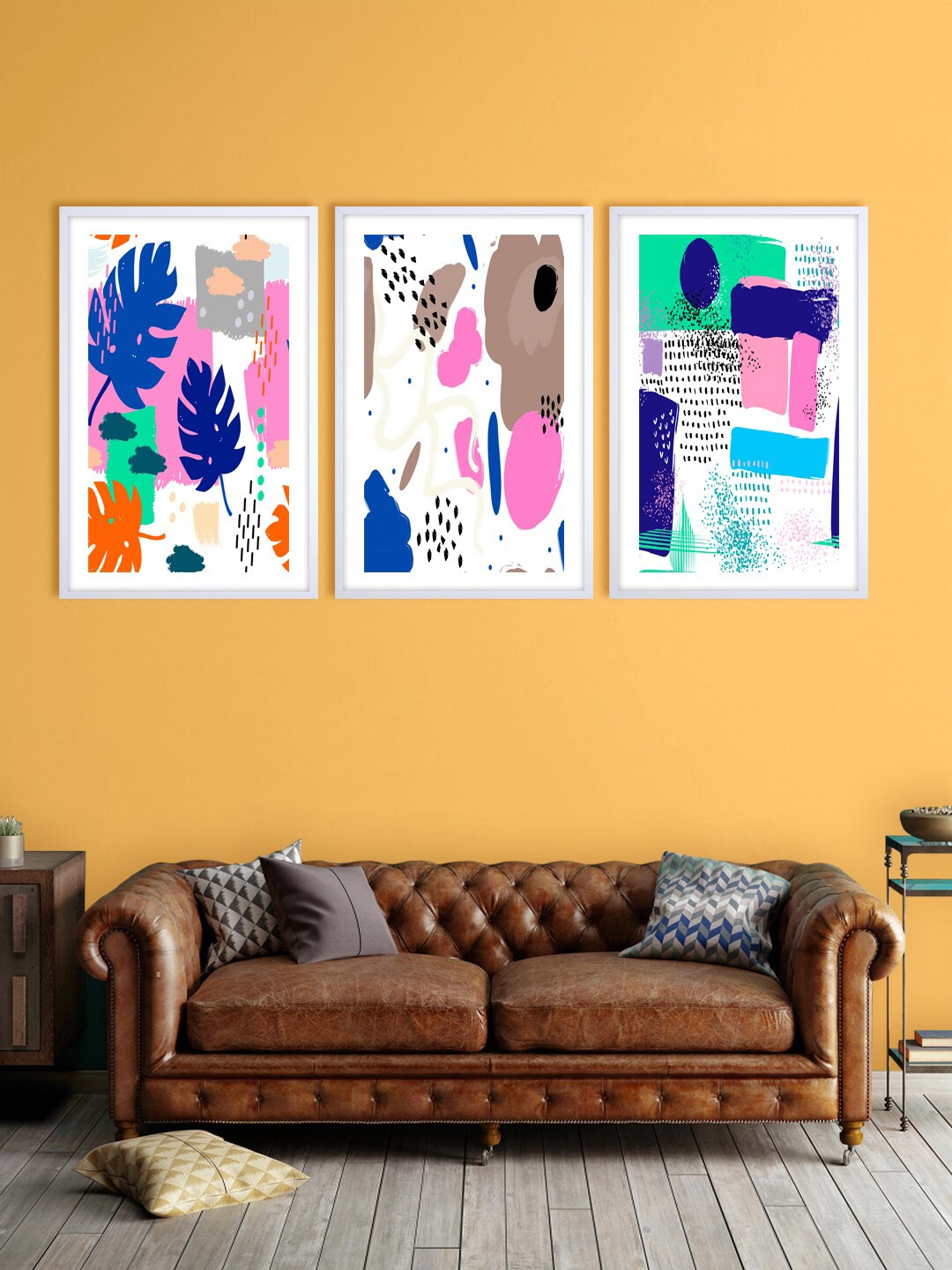

999Store Set Of 3 Blue & Pink Shapes Printed Wall Art, White