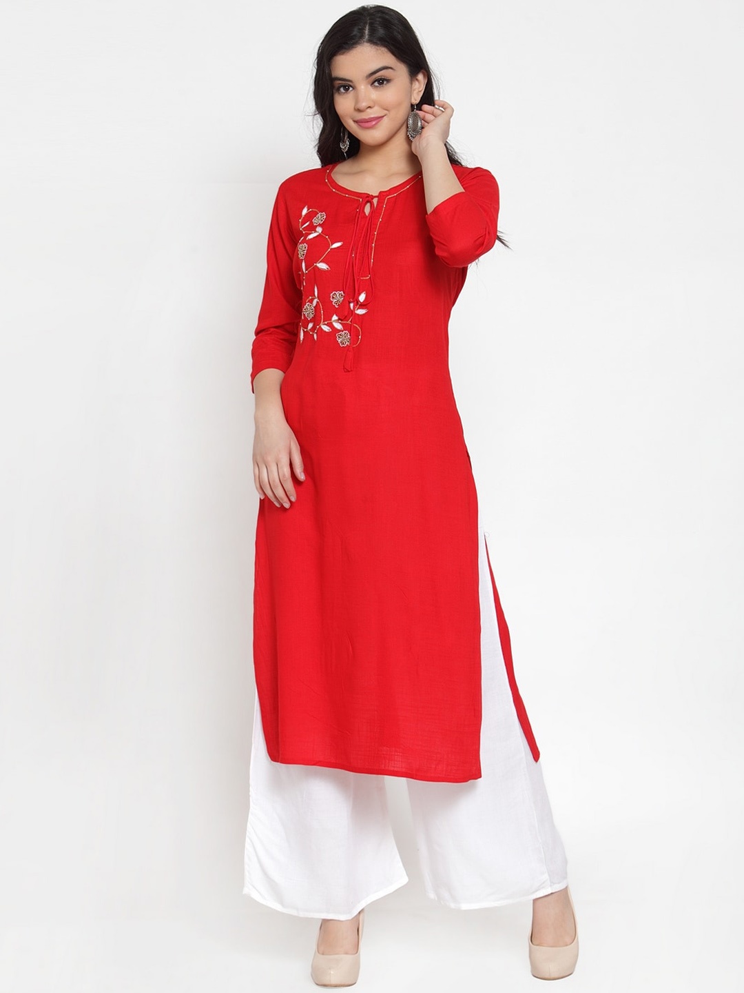 

SOUNDARYA Women Red & White Self Design Kurta with Palazzos