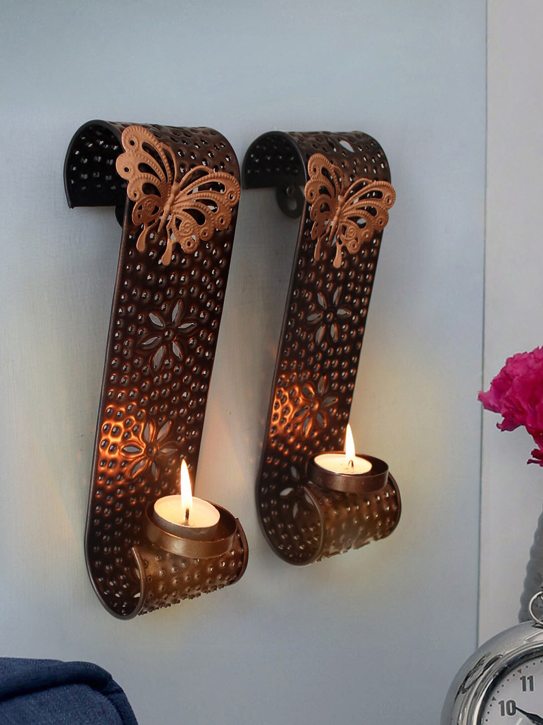 

TIED RIBBONS Brown Pack of 2 Wall Hanging Tealight Candle Holder