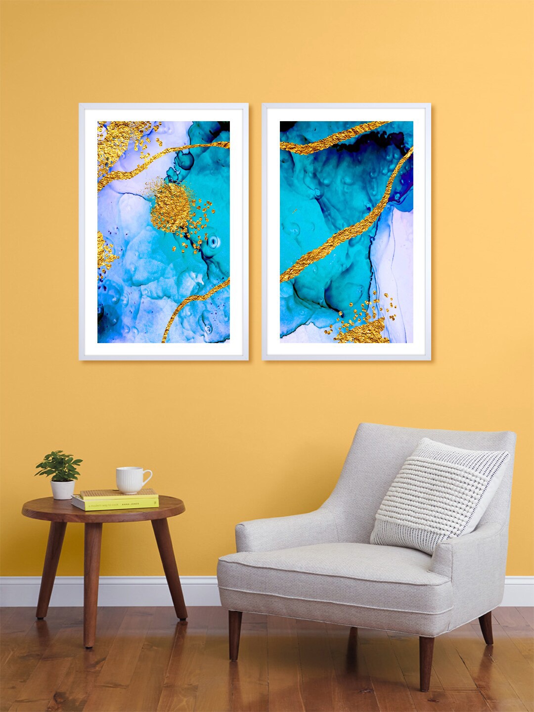 999Store Set Of 2 Blue & Gold-Toned Abstract Printed Wall Art