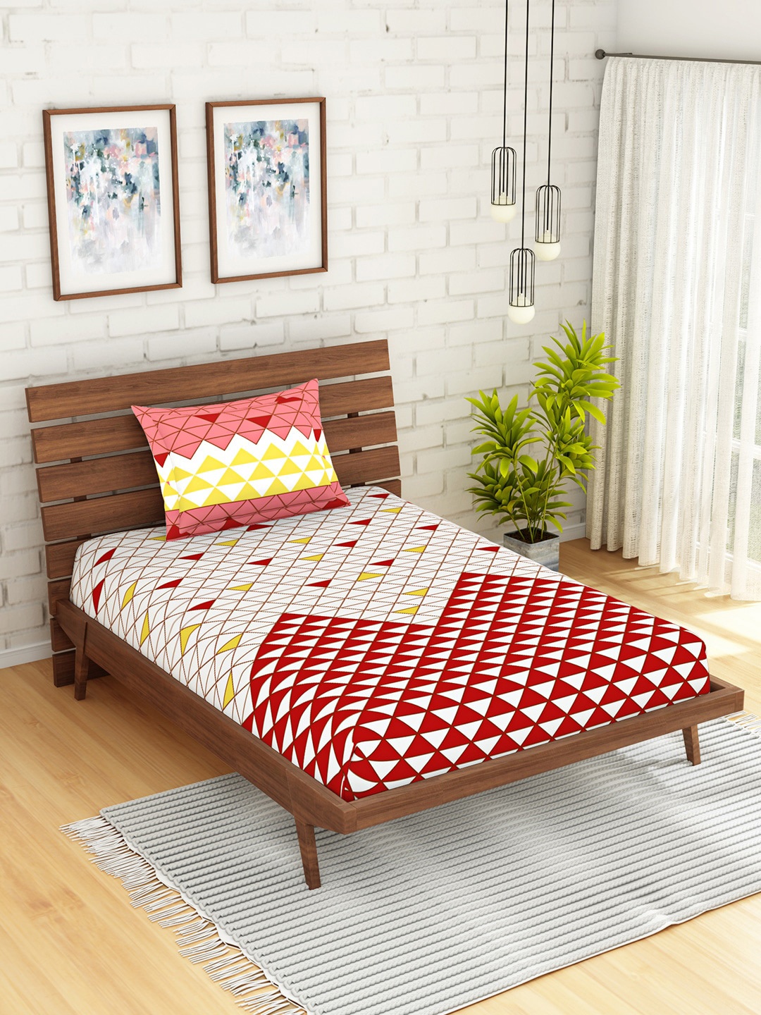 

SPACES Red & White Geometric 210 TC Cotton 1 Single Bedsheet with 1 Pillow Cover