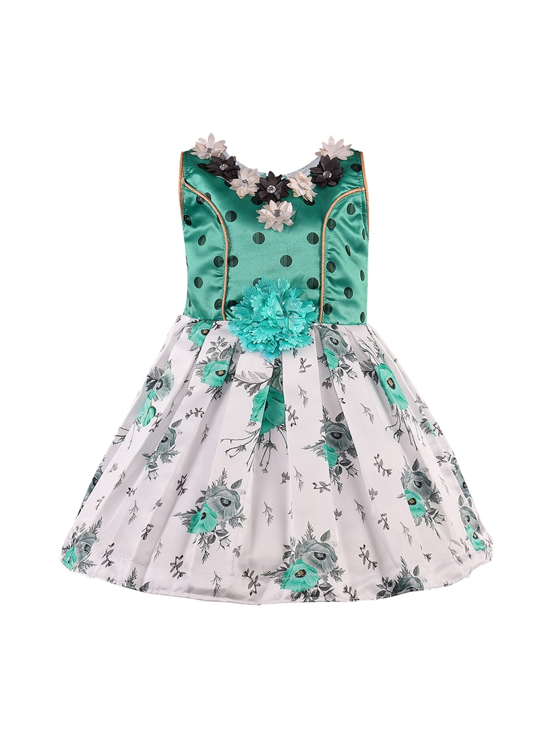 Wish Karo Girls Green & White Printed Fit and Flare Dress