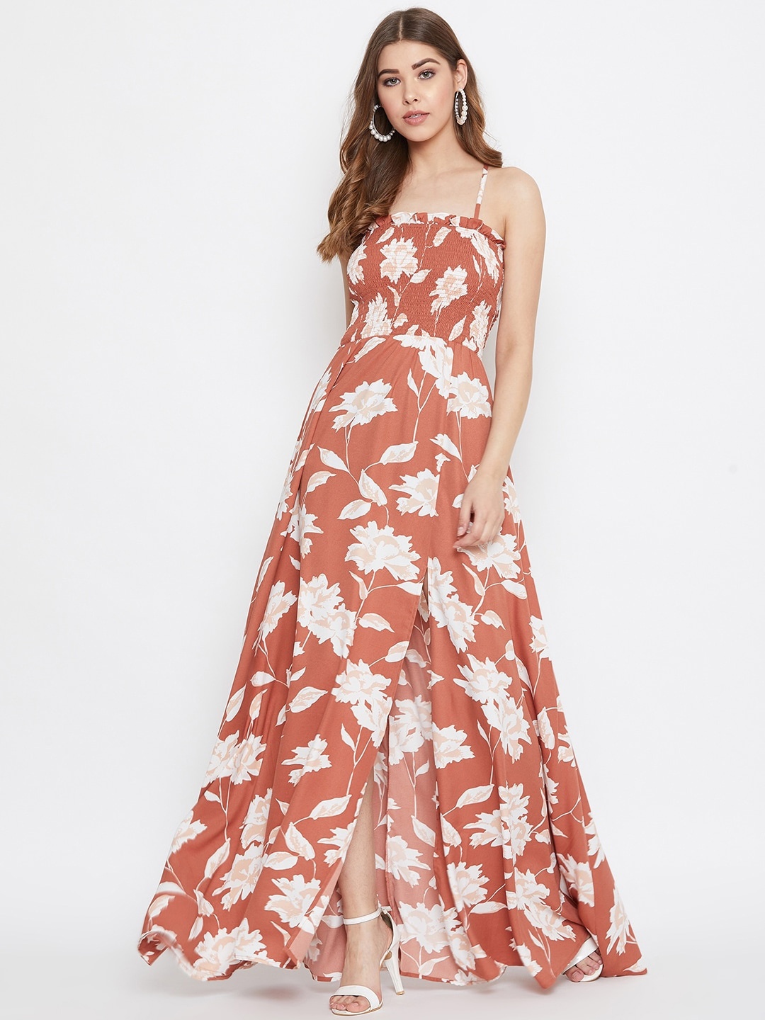 

Berrylush Women Brown Floral Printed Maxi Dress