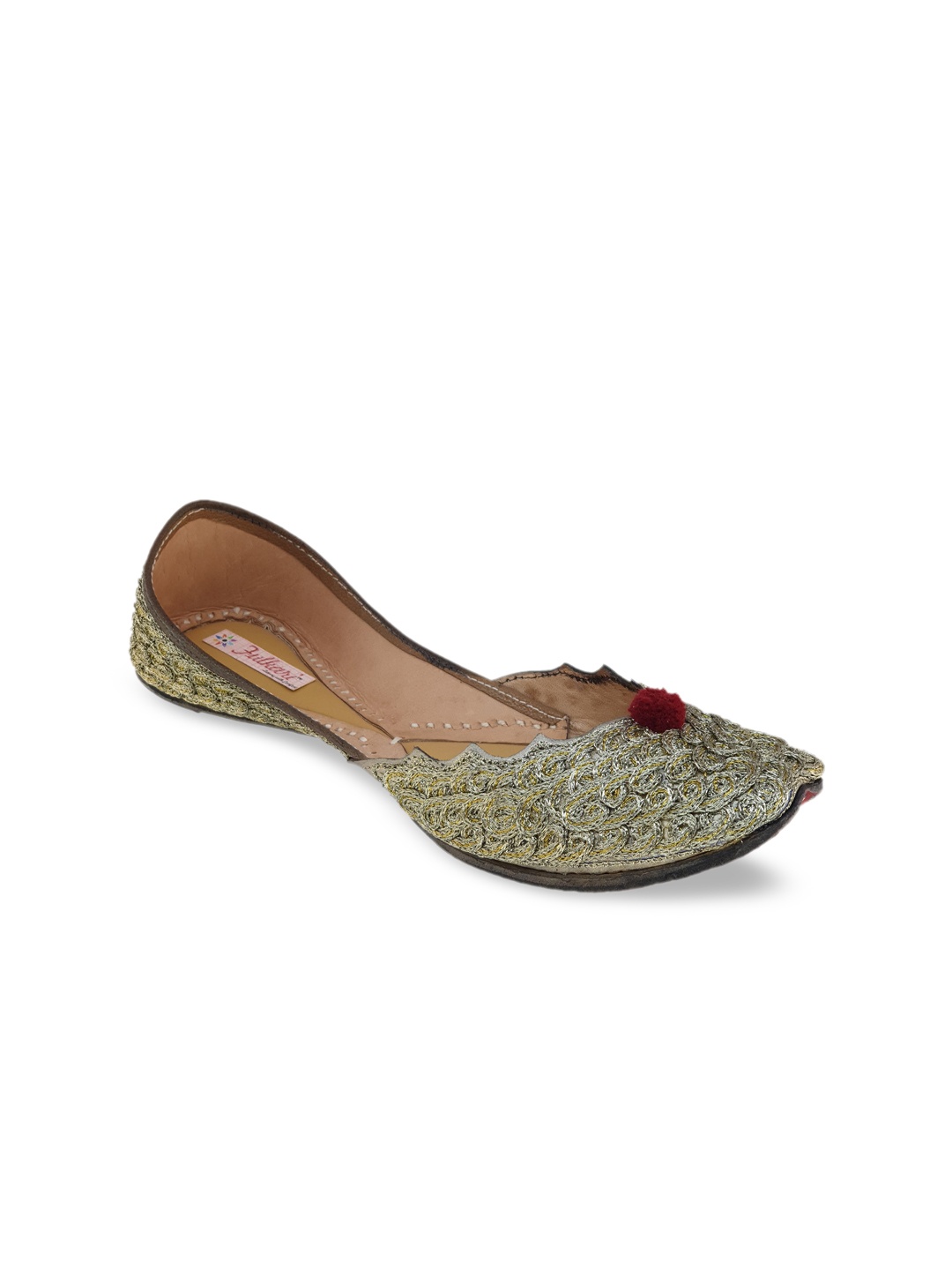 

Fulkari Women Gunmetal-Toned Embellished Leather Mojaris, Metallic