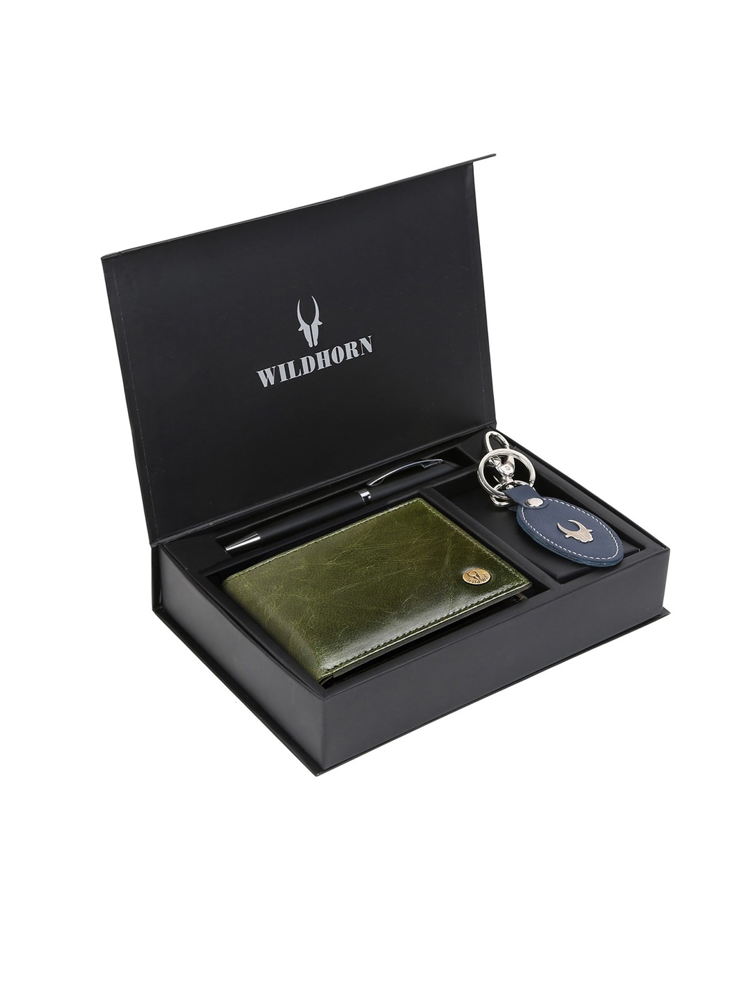 WildHorn Men Green & Blue RFID Protected Genuine Leather Accessory Gift Set