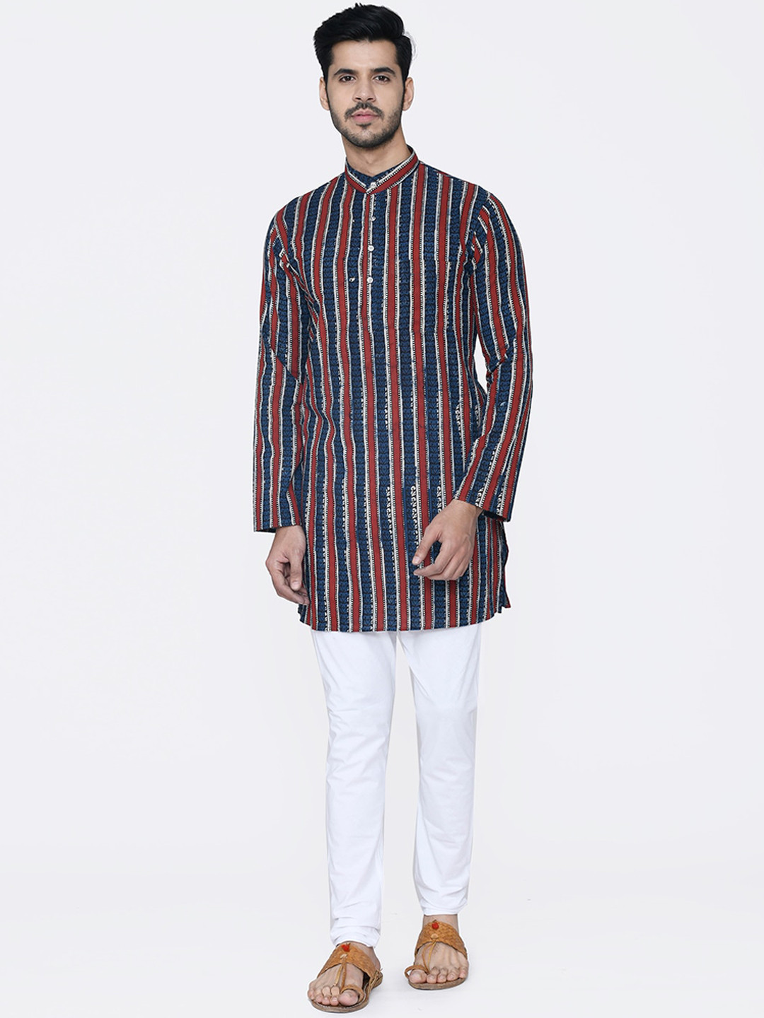 

Wintage Men Navy Blue & Red Striped Kurta with Pyjamas