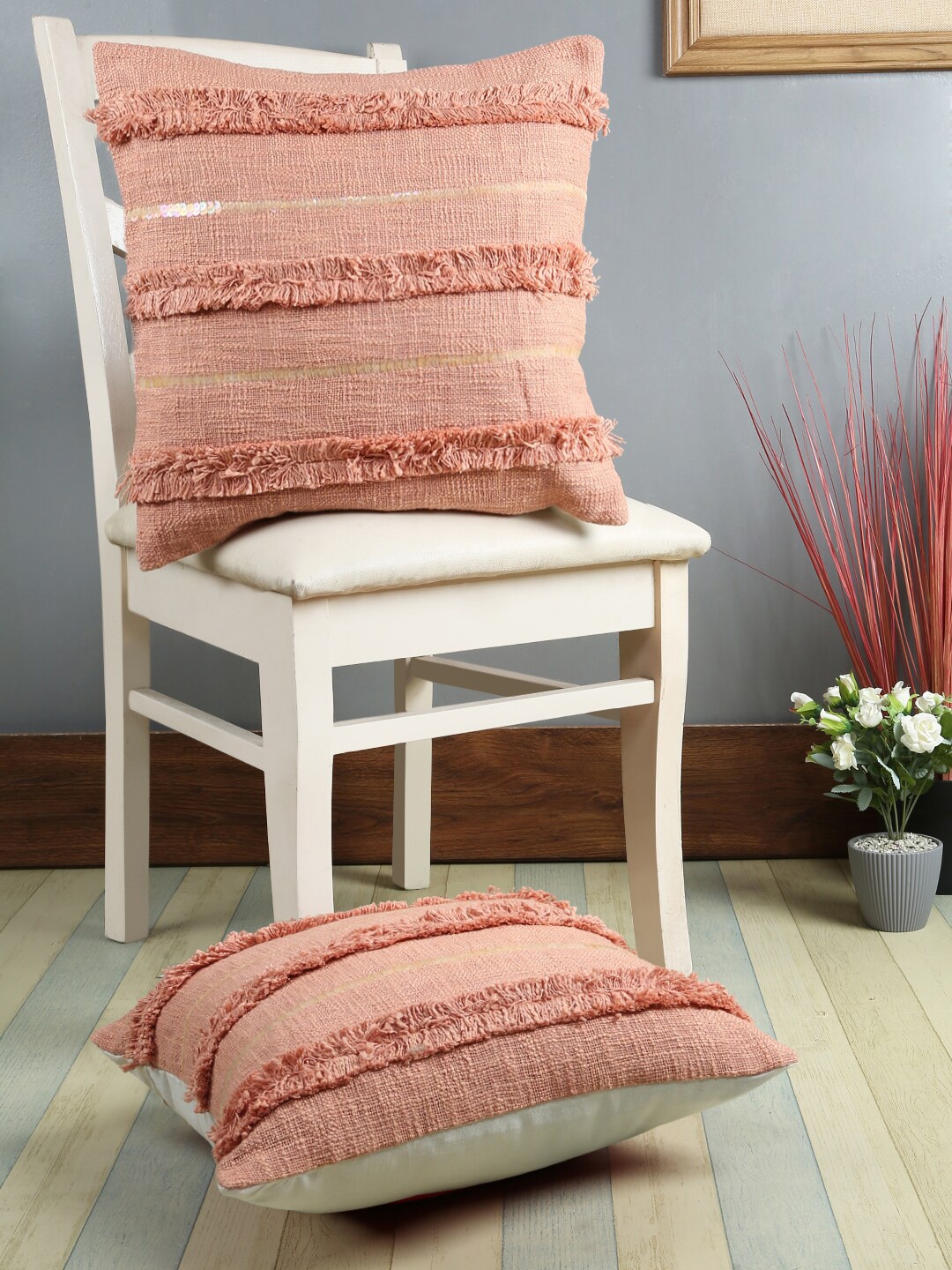 

eyda Peach-Coloured Set of 2 Embroidered Square Cushion Covers