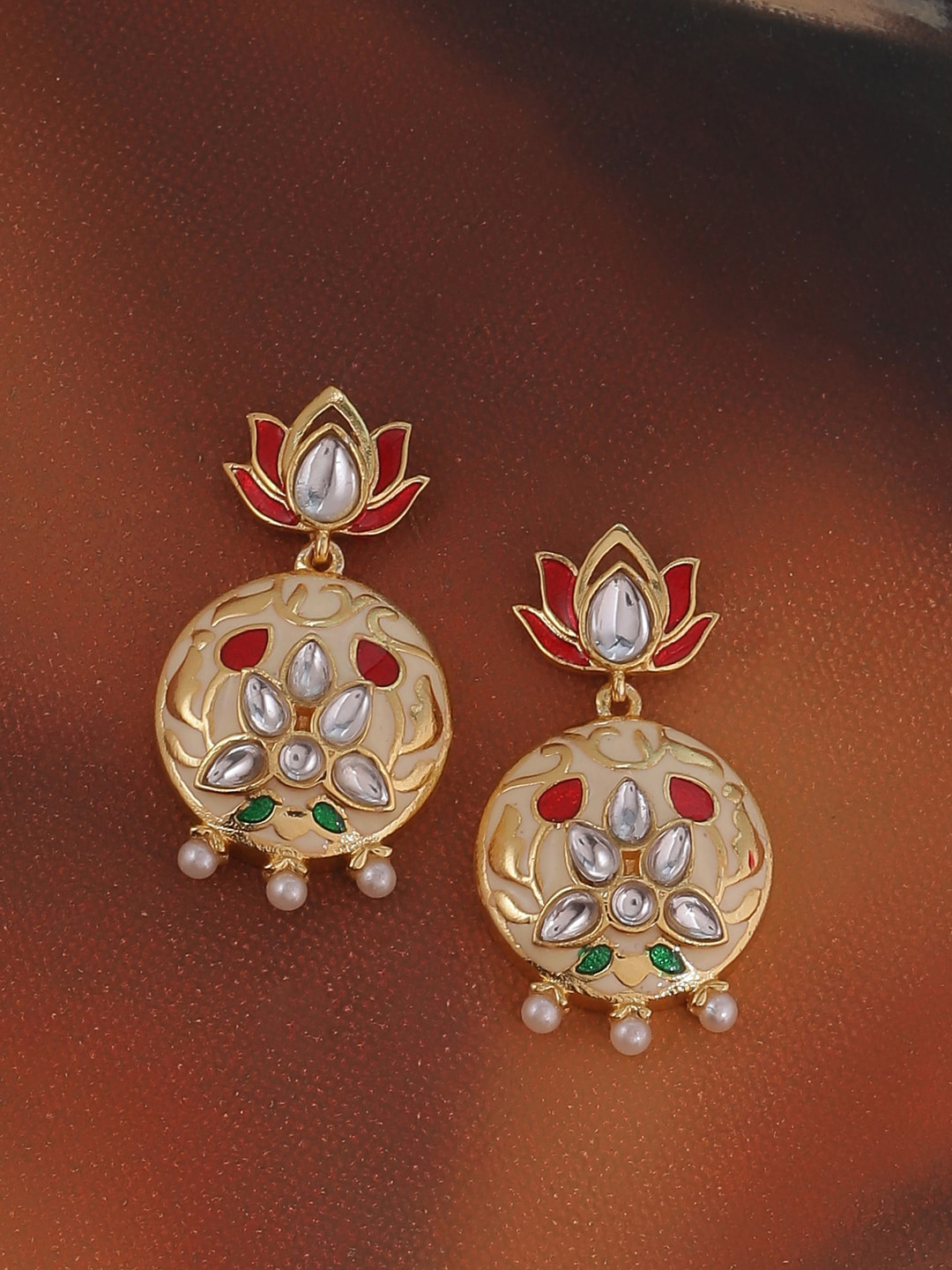 

Voylla Green & Red Gold-Plated Enamelled Classic Drop Earrings
