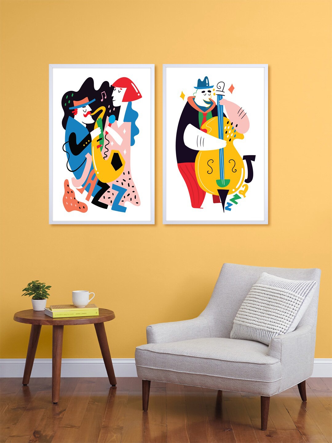 

999Store Set Of 2 White & Yellow Cartoons Playing Printed Wall Art
