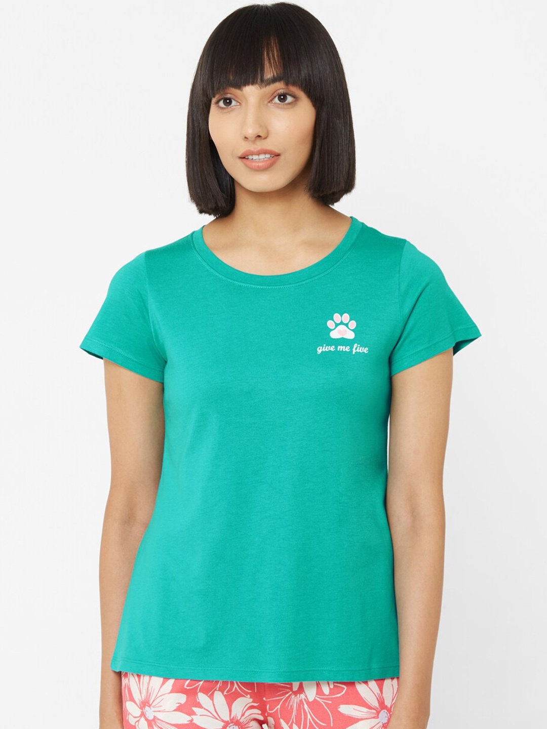 

Soie Women Teal Green Paw Printed Lounge T-Shirt