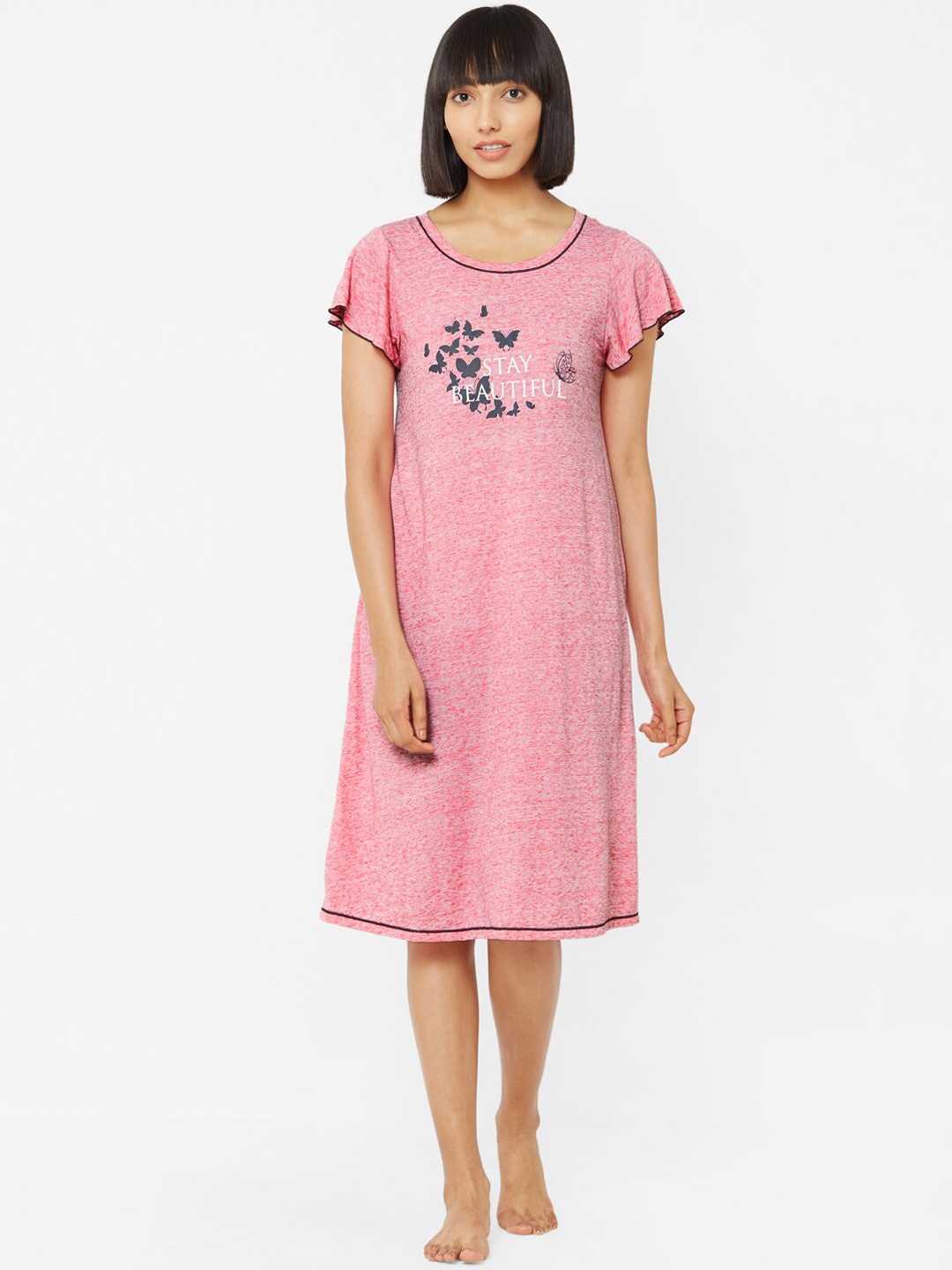 

Soie Women Pink Printed Knee Length Nightdress