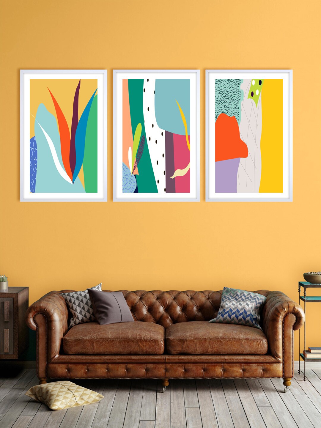 

999Store Set Of 3 Green & Yellow Abstract Printed Wall Art