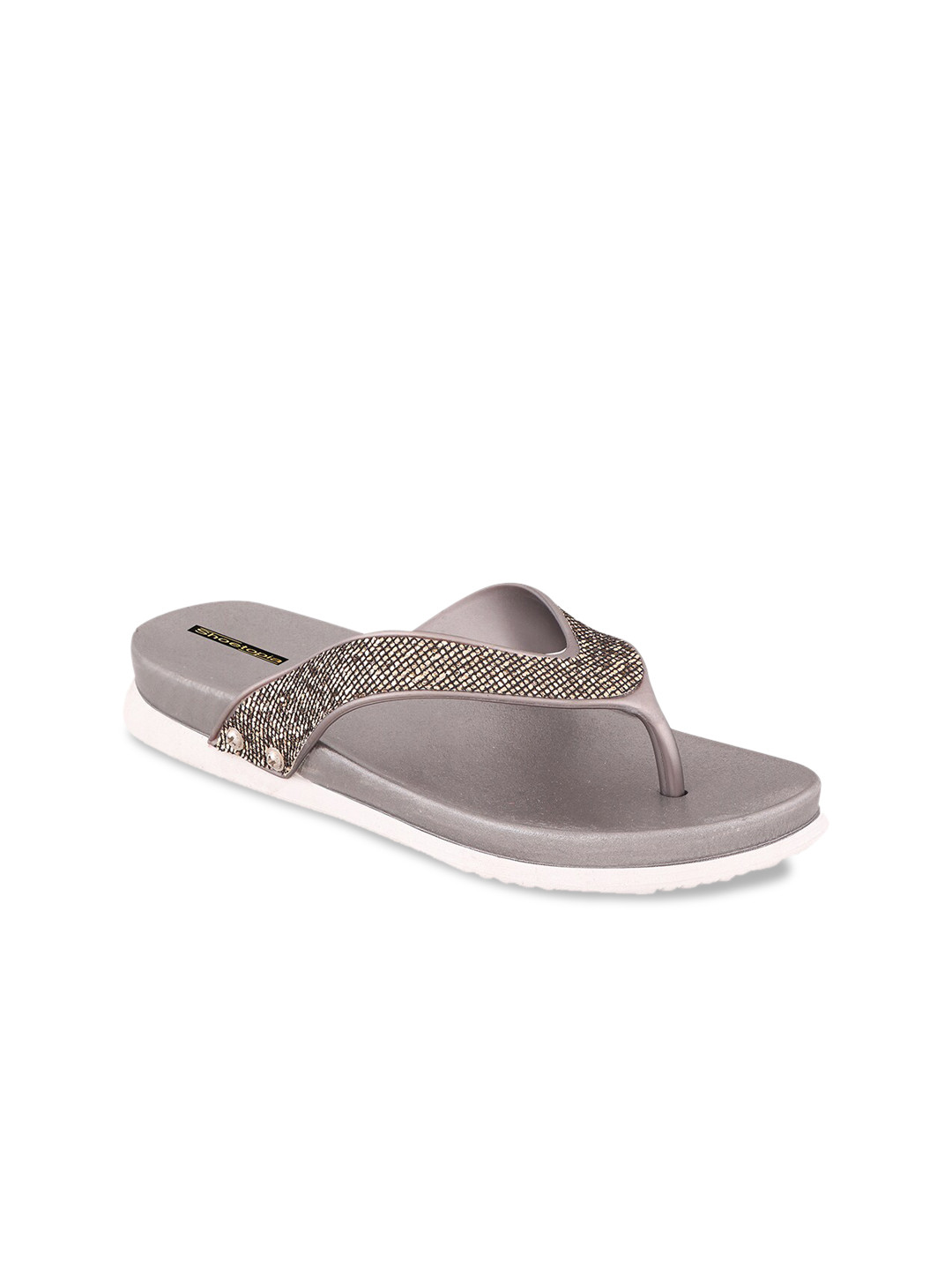 

Shoetopia Women Grey & Gold-Coloured Embellished Thong Flip-Flops