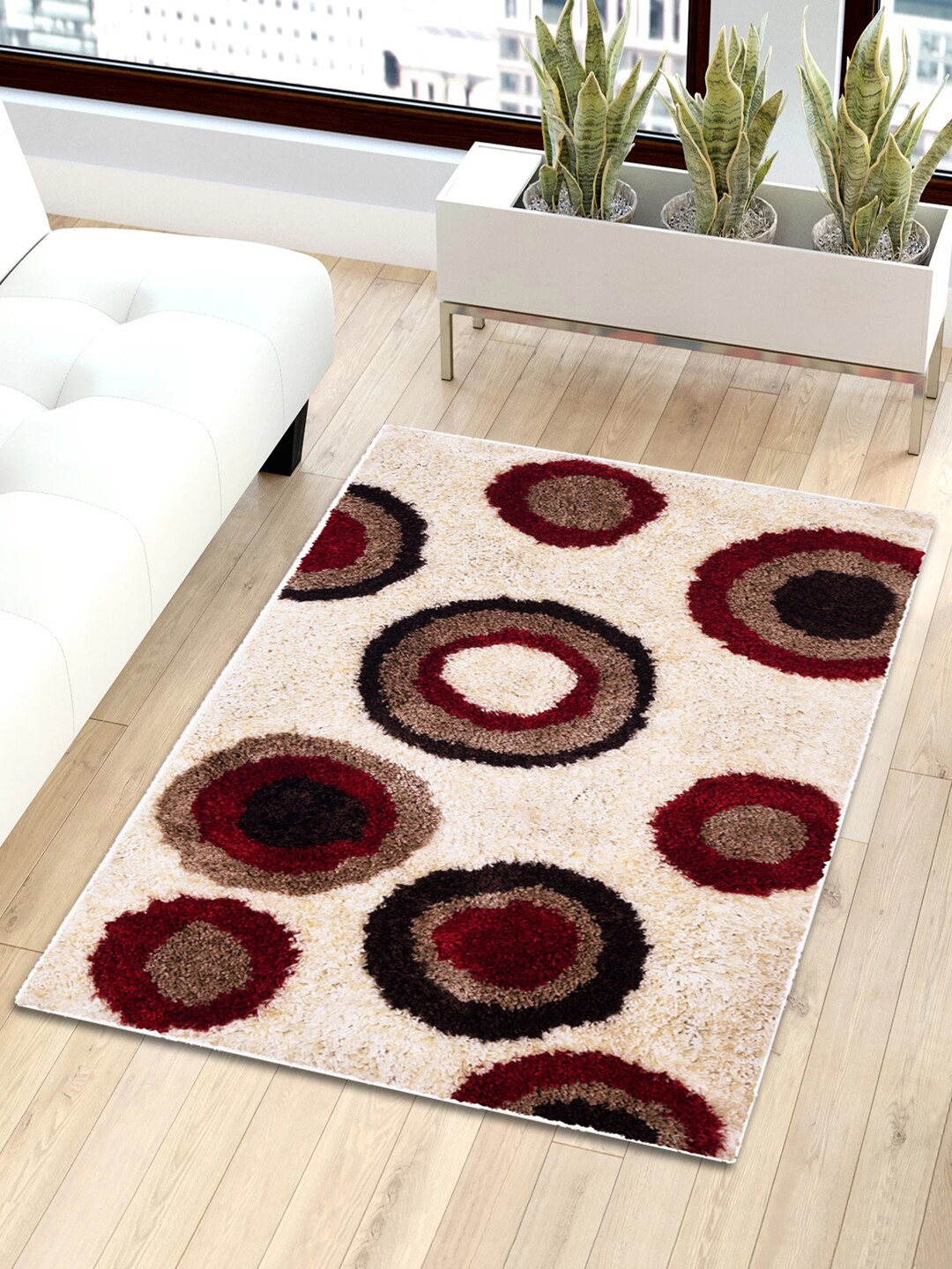 

Story@home Beige & Maroon Geometric Shaggy Anti-Skid Fur Carpet