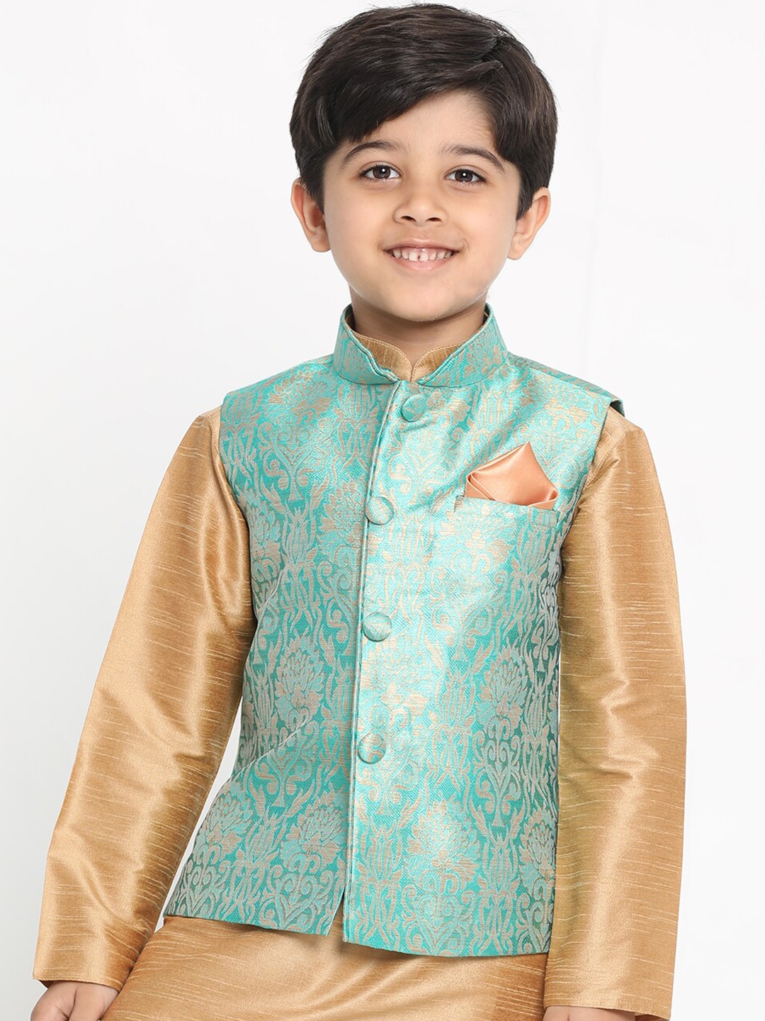 

JBN Creation Boys Green & Gold-Toned Self-Design Nehru Jacket