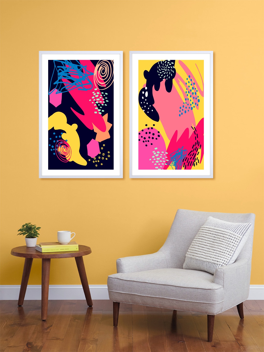 

999Store Set Of 2 Yellow & Pink Printed Abstract Wall Arts